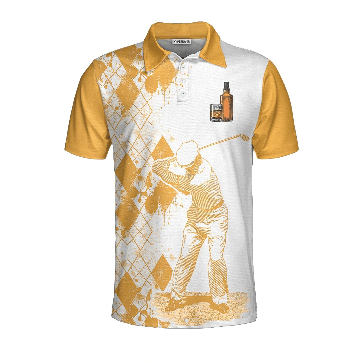 Golf And Wine Polo Shirt Orange Argyle Pattern Golf Shirt For Male Players Funny Golf Shirt With Sayings