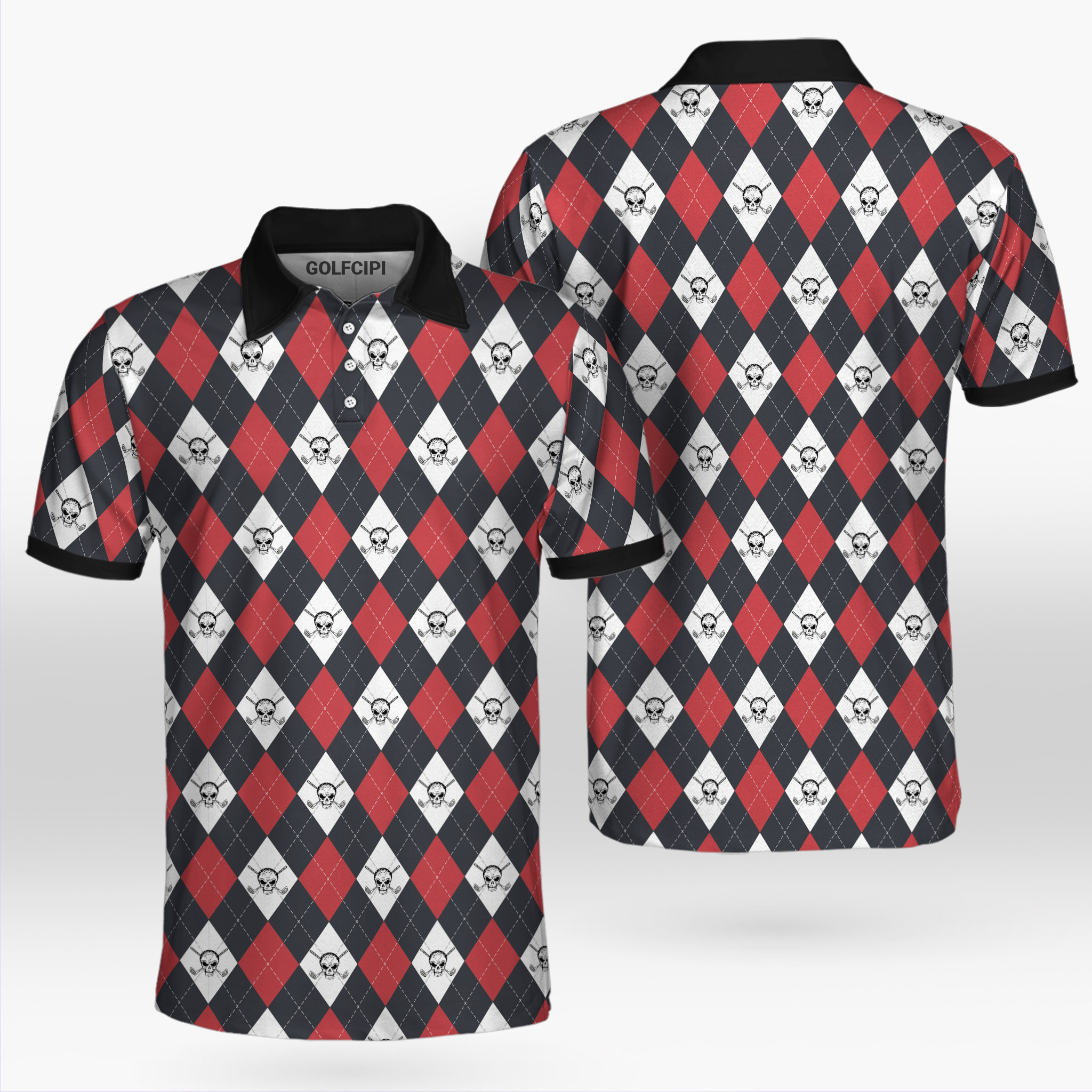 Golf Argyle Skull Caro Patterned Golf Shirt Golf Shirts Short Sleeve Polo For Men