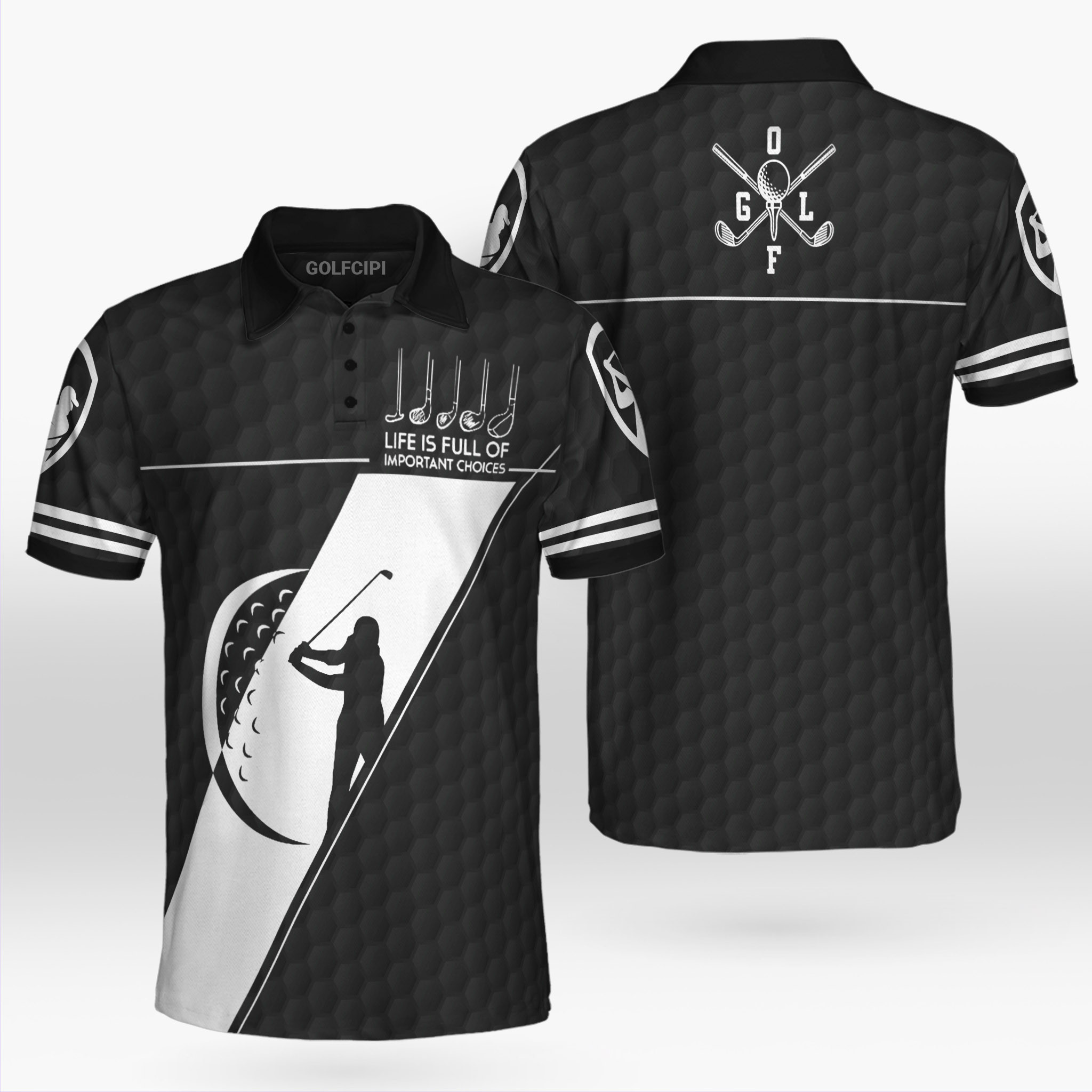 Golf Ball Pattern Life Is Full Of Important Choices Black Polo Shirt Best Golf Shirts For Men