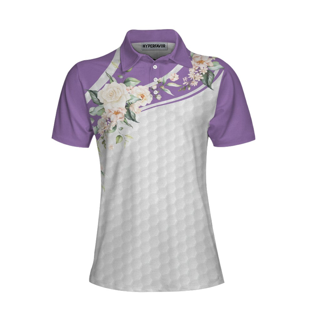 Golf Ball Texture With Roses Golf Short Sleeve Women Polo Shirt Purple Golfing Polo Shirt For Ladies