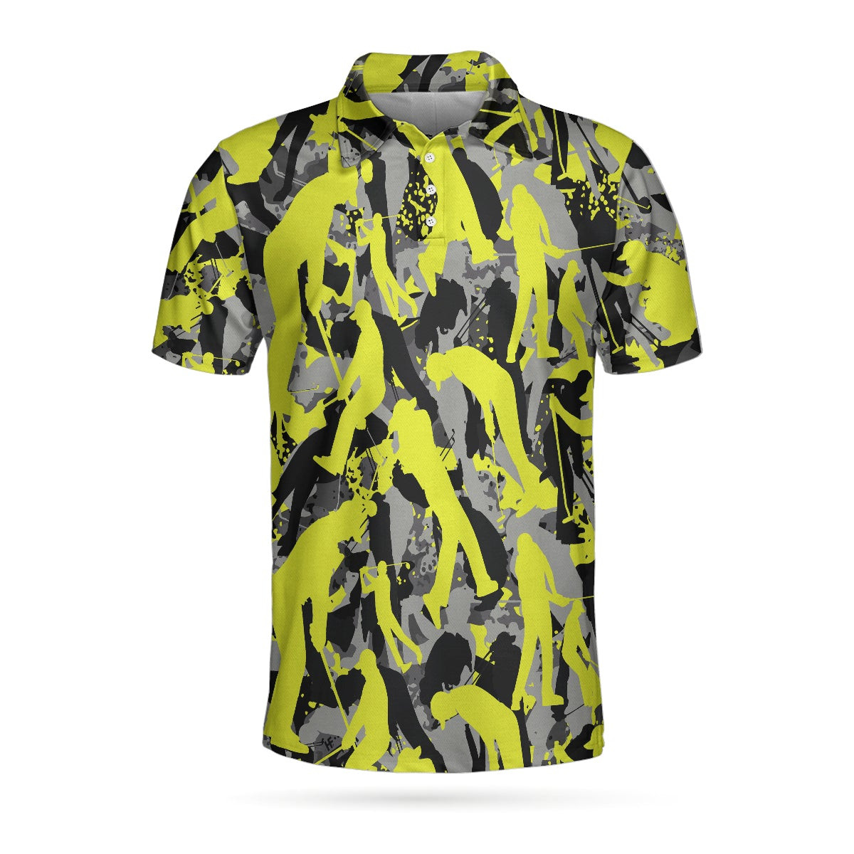 Golf Camo Light Green Pattern Golf Polo Shirt Yellow Silhouette Golfing Polo Shirt Camouflage Golf Shirt For Men