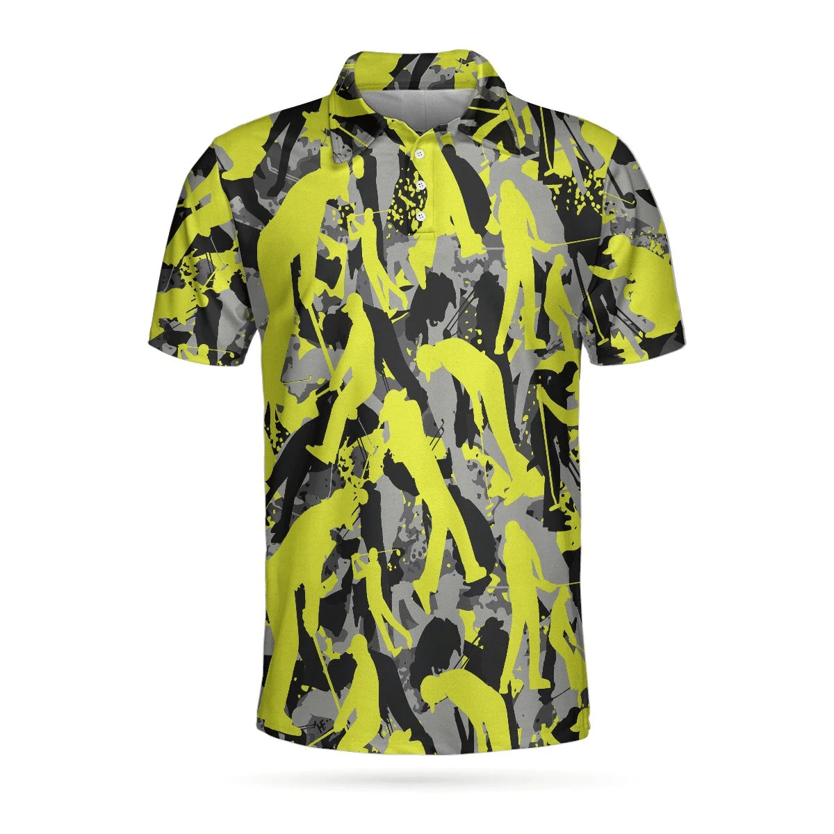 Golf Camo Light Green Pattern Golf Polo Shirt Yellow Silhouette Golfing Polo Shirt Camouflage Golf Shirts Short Sleeve Polo For Men