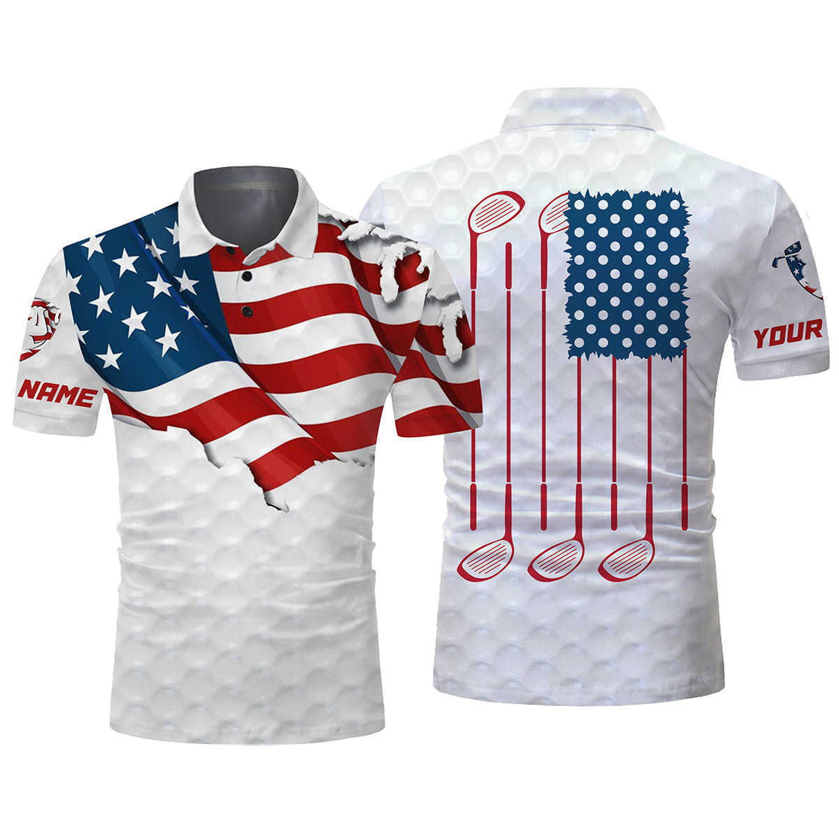 Golf Club White Polo Shirt Mens Custom Name American Flag Patriotic Polo Shirt