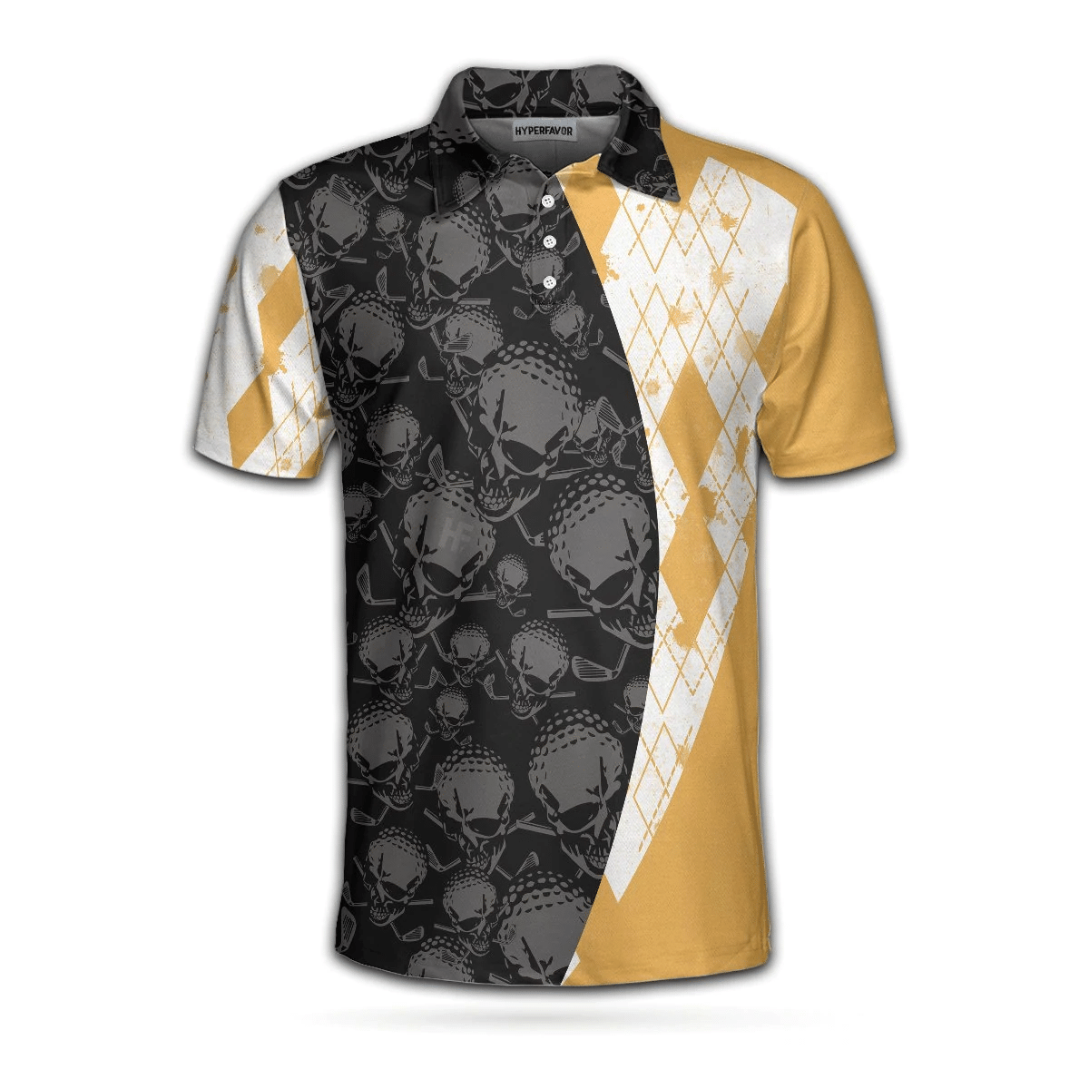 Golf Coach Polo Shirt Black Skull Pattern Golf Shirt For Male Golfers Argyle Pattern Golfing Shirt