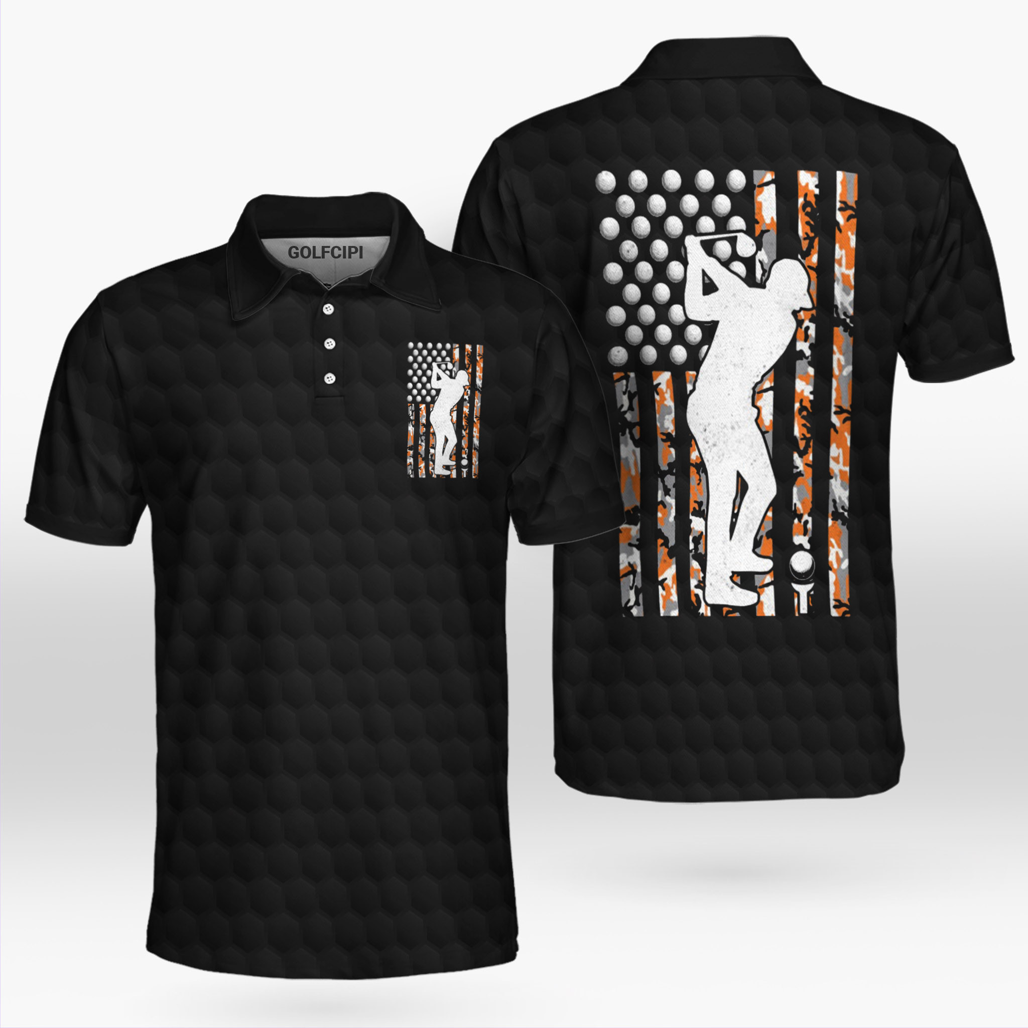 Golf Flag Orange Camo Flag Golfer Swing Black Polo Shirt Best Golf Shirts For Men