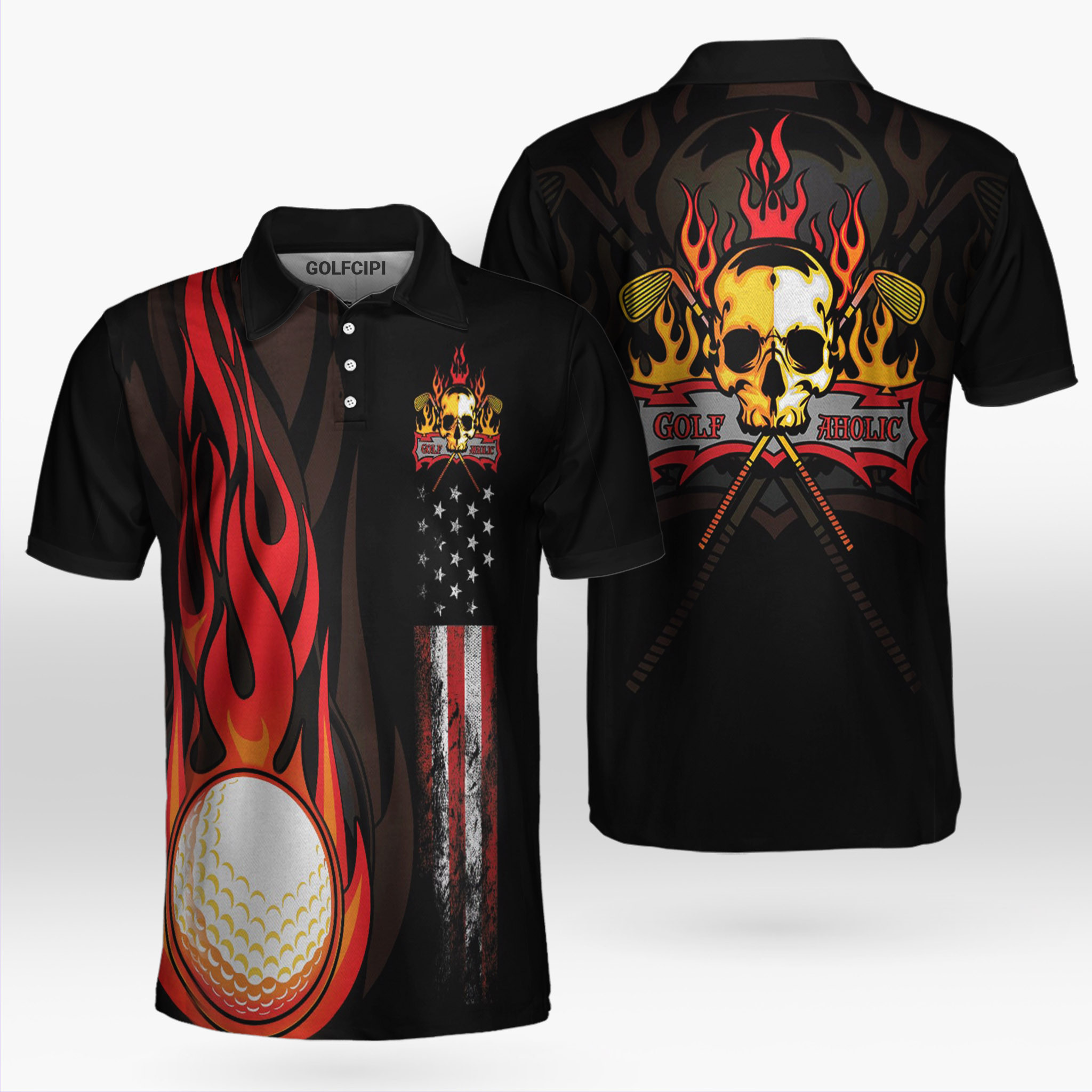 Golf Flame Skull Golf Ball American Golf Black Polo Shirt Best Golf Shirts For Men