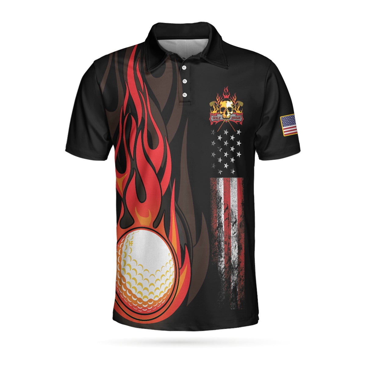 Golf Flame Skull Short Sleeve Golf Polo Shirt Black American Flag Golf Shirt For Men Cool Gift For Golfers