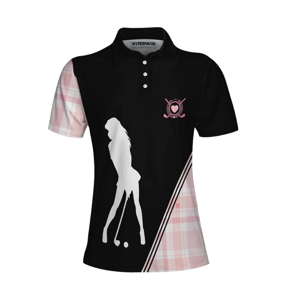 Golf Girl In Black And Pink Plaid Pattern Golf Short Sleeve Women Polo Shirt Unique Golf Shirt For Ladies