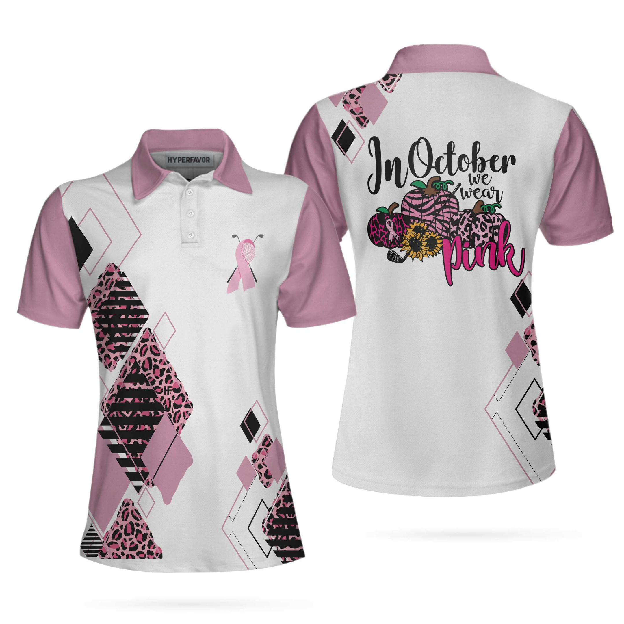 Golf Girl In October We Wear Pink Short Sleeve Women Polo Shirt White And Pink Breast Cancer Awareness Shirt