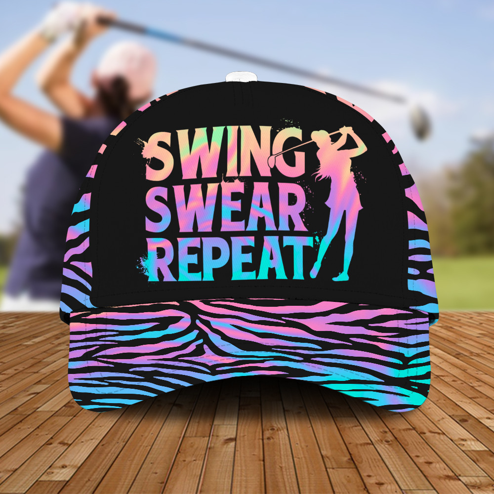 Golf Heart Beat Hologram Swing Swear Repeat Funny For Female Golfers Caps