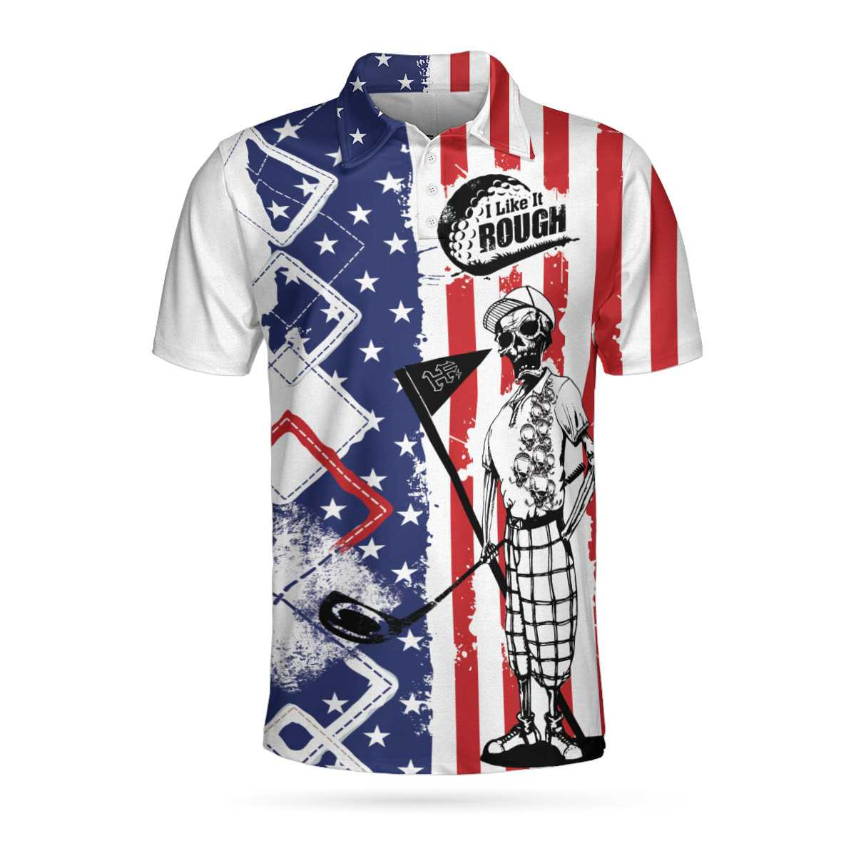 Golf I Like It Rough American Flag Polo Shirt Argyle Pattern Skeleton Golfing Polo Shirt Funny Golf Shirts Short Sleeve Polo For Men