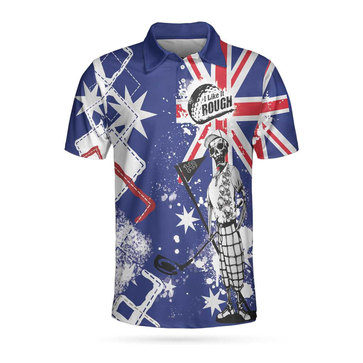 Golf I Like It Rough Australian Flag Polo Shirt Argyle Pattern Skeleton Golfing Polo Shirt Funny Golf Shirt For Men