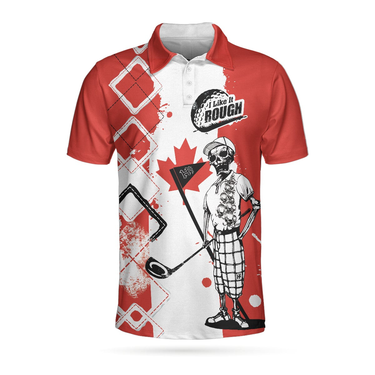 Golf I Like It Rough Canada Flag Polo Shirt Argyle Pattern Skeleton Golfing Polo Shirt Funny Golf Shirt For Men