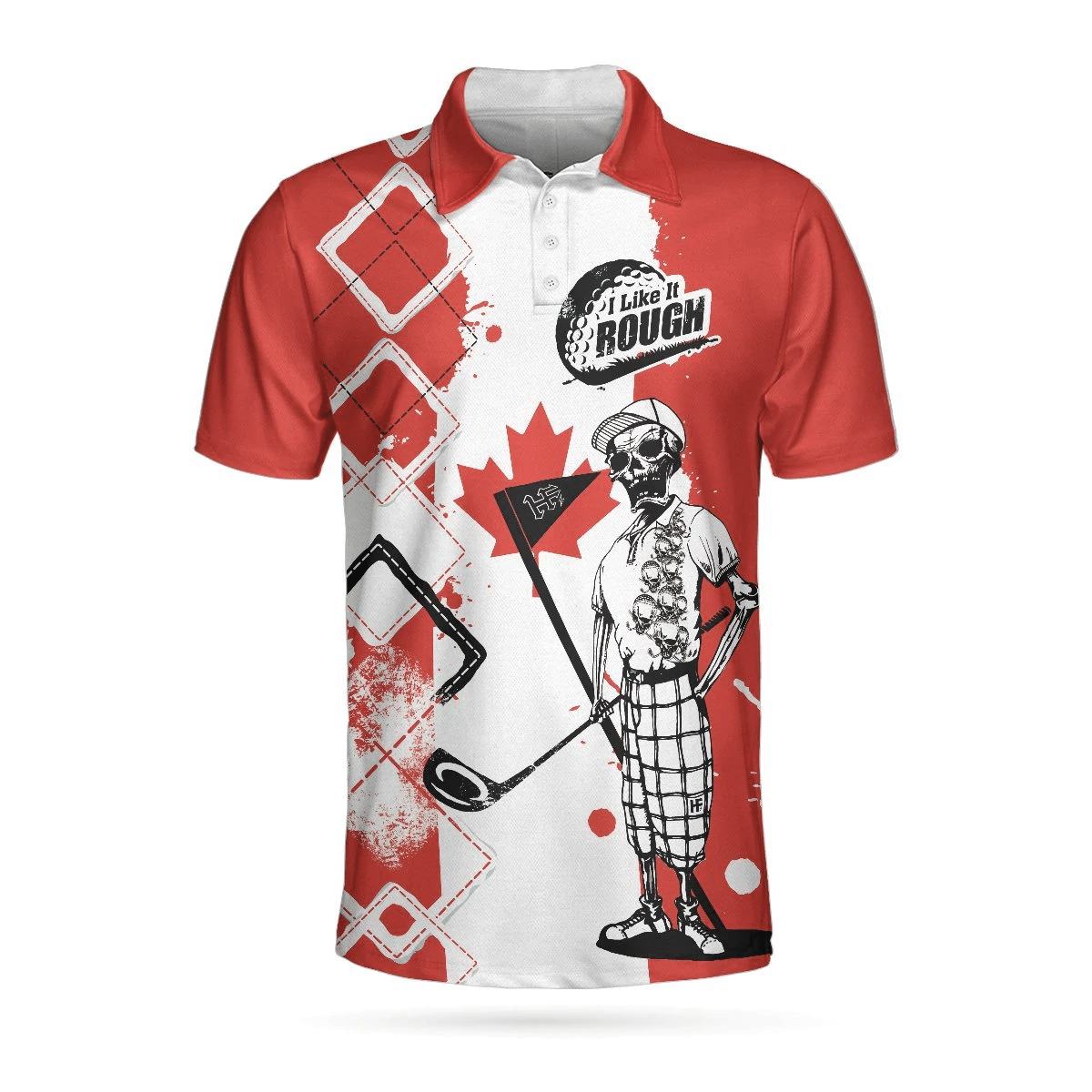 Golf I Like It Rough Canada Flag Polo Shirt Argyle Pattern Skeleton Golfing Polo Shirt Funny Golf Shirts Short Sleeve Polo For Men