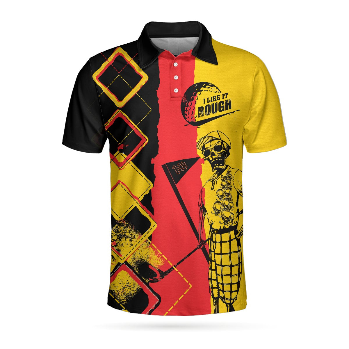 Golf I Like It Rough German Flag Polo Shirt Argyle Pattern Skeleton Golfing Polo Shirt Funny Golf Shirt For Men