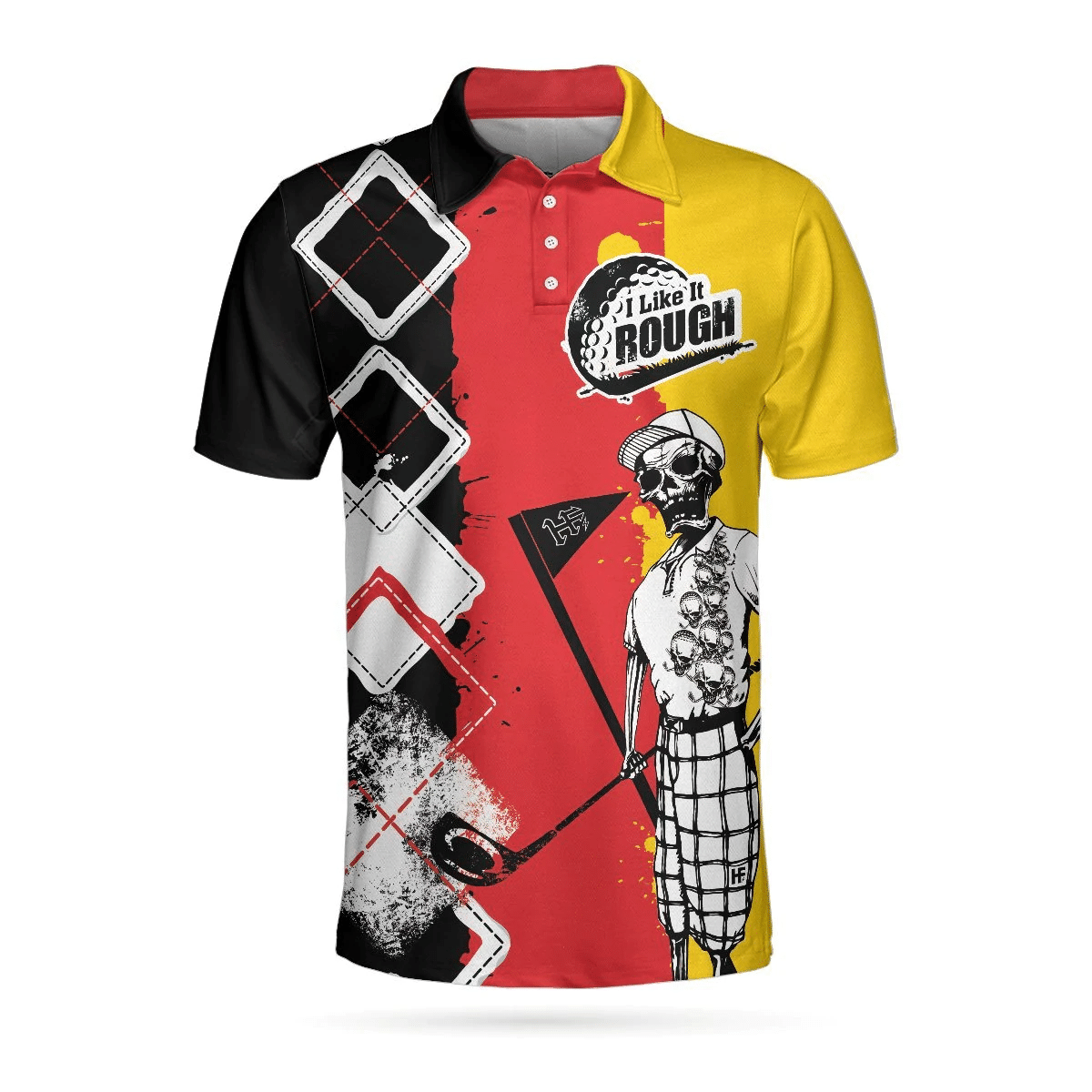 Golf I Like It Rough German Flag Polo Shirt White Argyle Pattern Skeleton Golfing Polo Shirt Funny Golf Shirts Short Sleeve Polo For Men