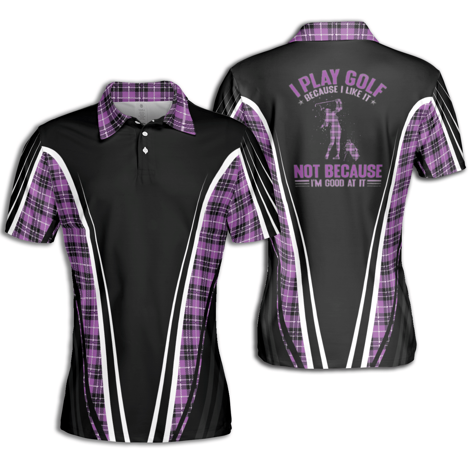 Golf I Play Golf Because I Like It Purple Violet Plaid Pattern Short Sleeve Woman Polo Shirt