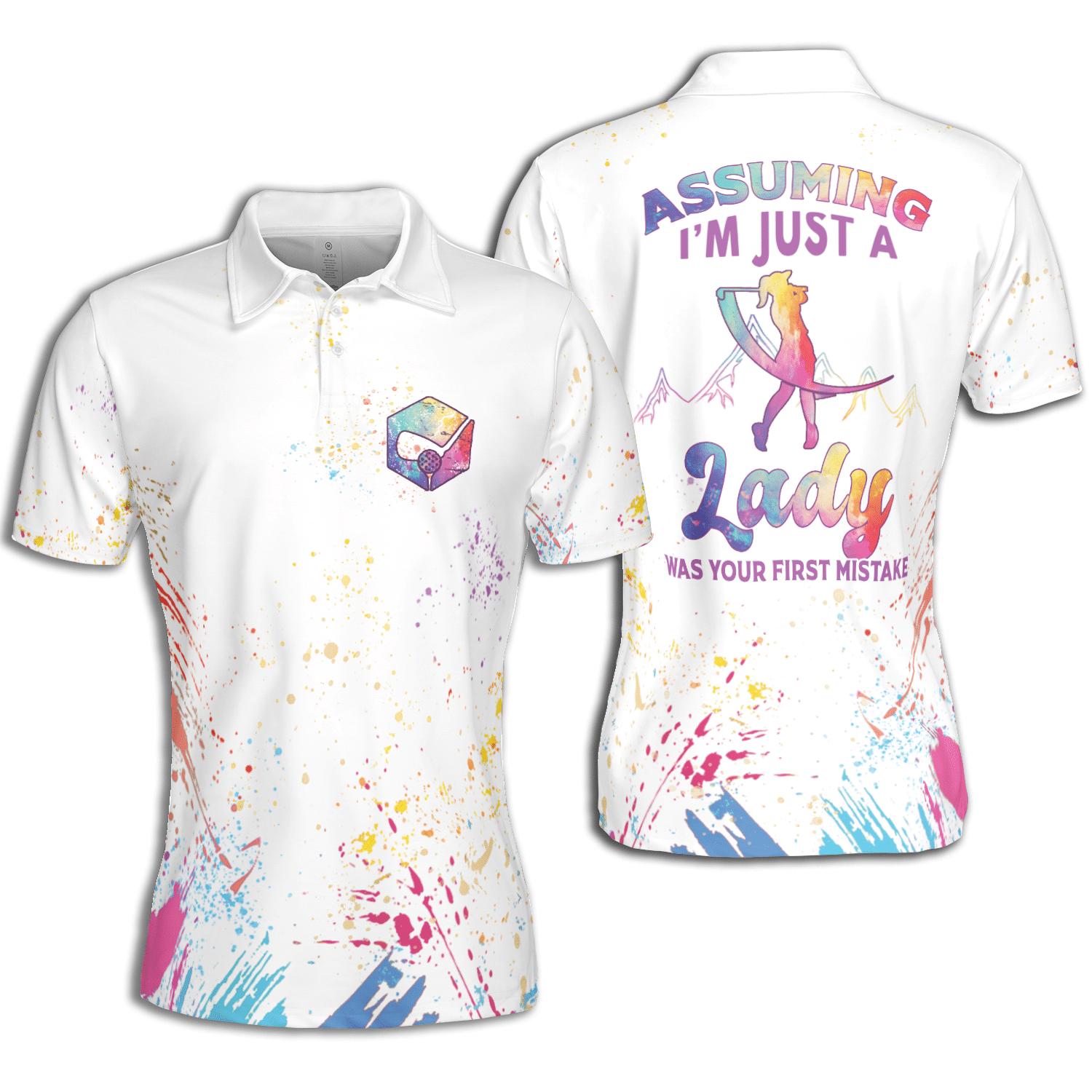 Golf Im Just An Old Lady Was Your First Mistake Grandma Watercolor Paint Splash Colorful Short Sleeve Woman Polo Shirt