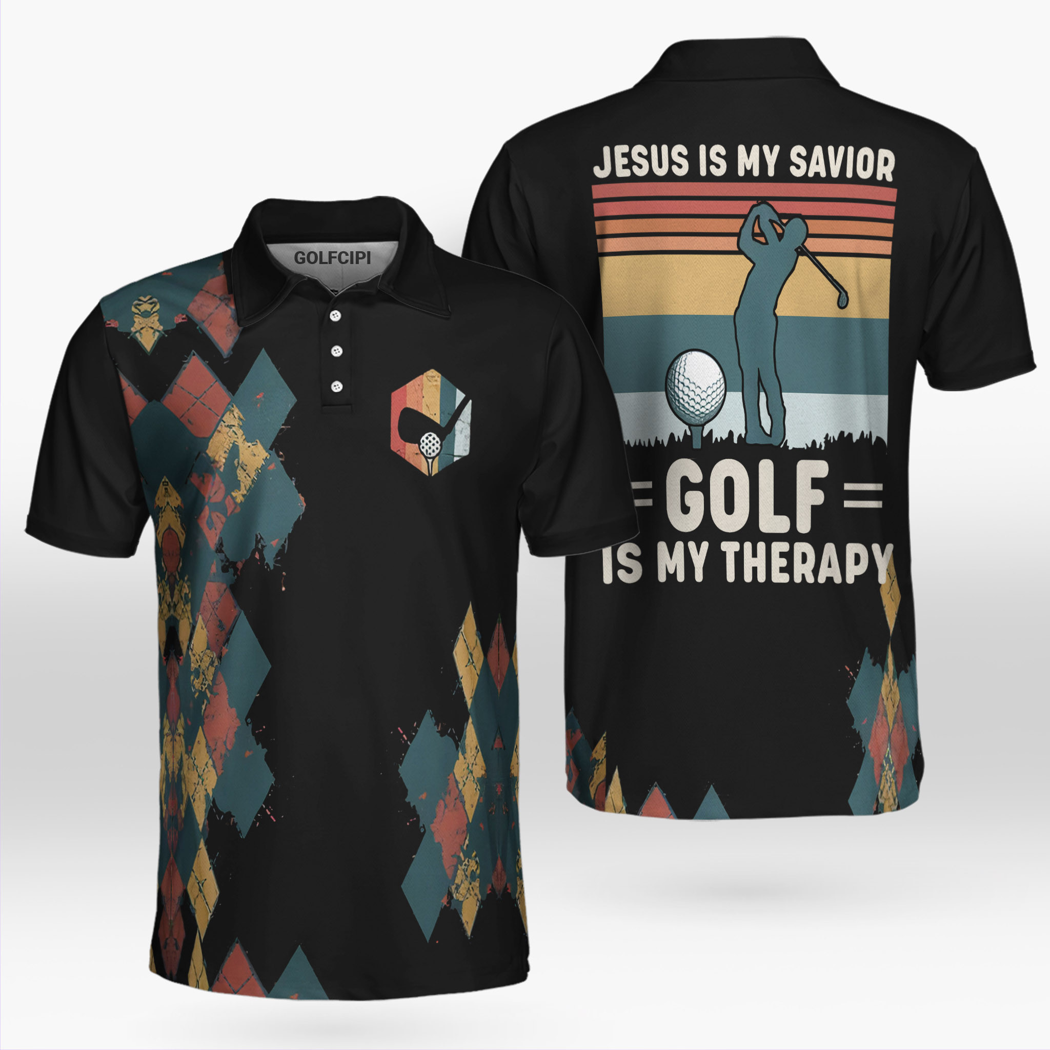 Golf Is My Savior Golf Is My Therapy Black Polo Shirt Best Golf Shirts For Men