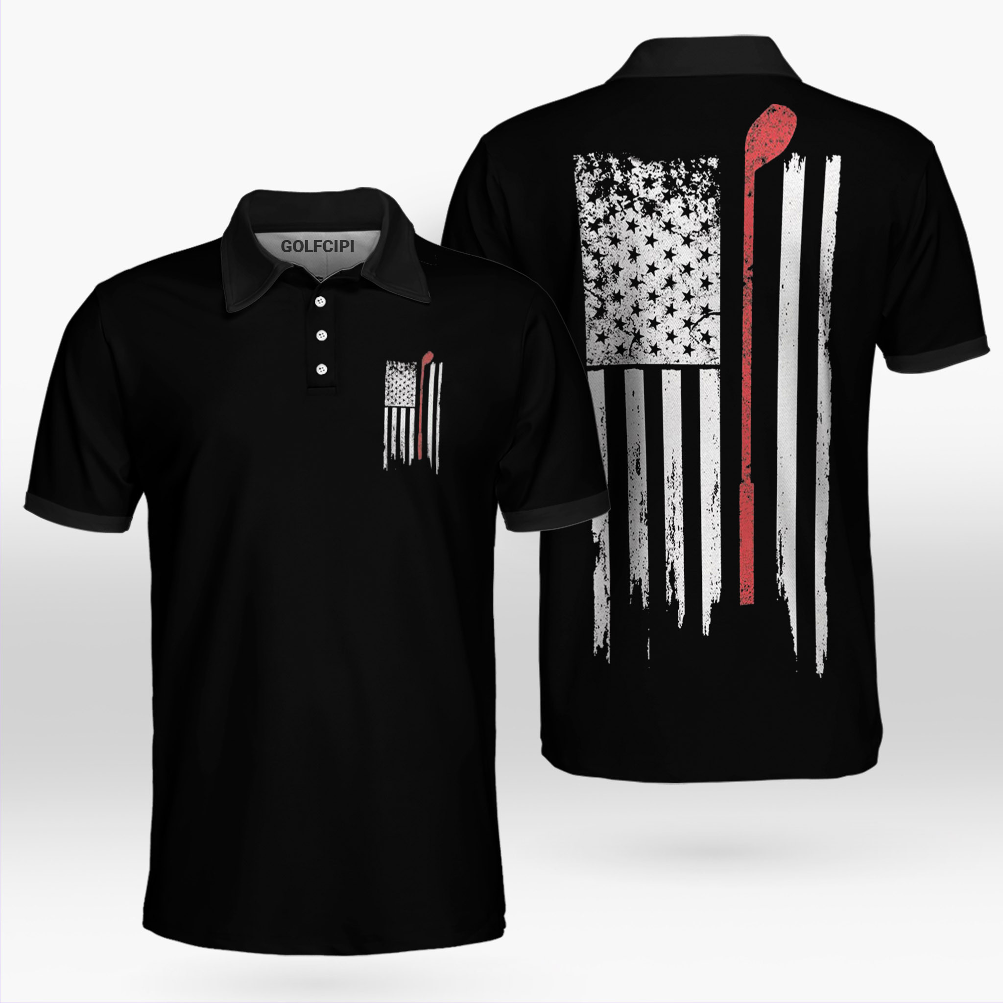 Golf Nation White And Red American Flag Black Polo Shirt Best Golf Shirts For Men