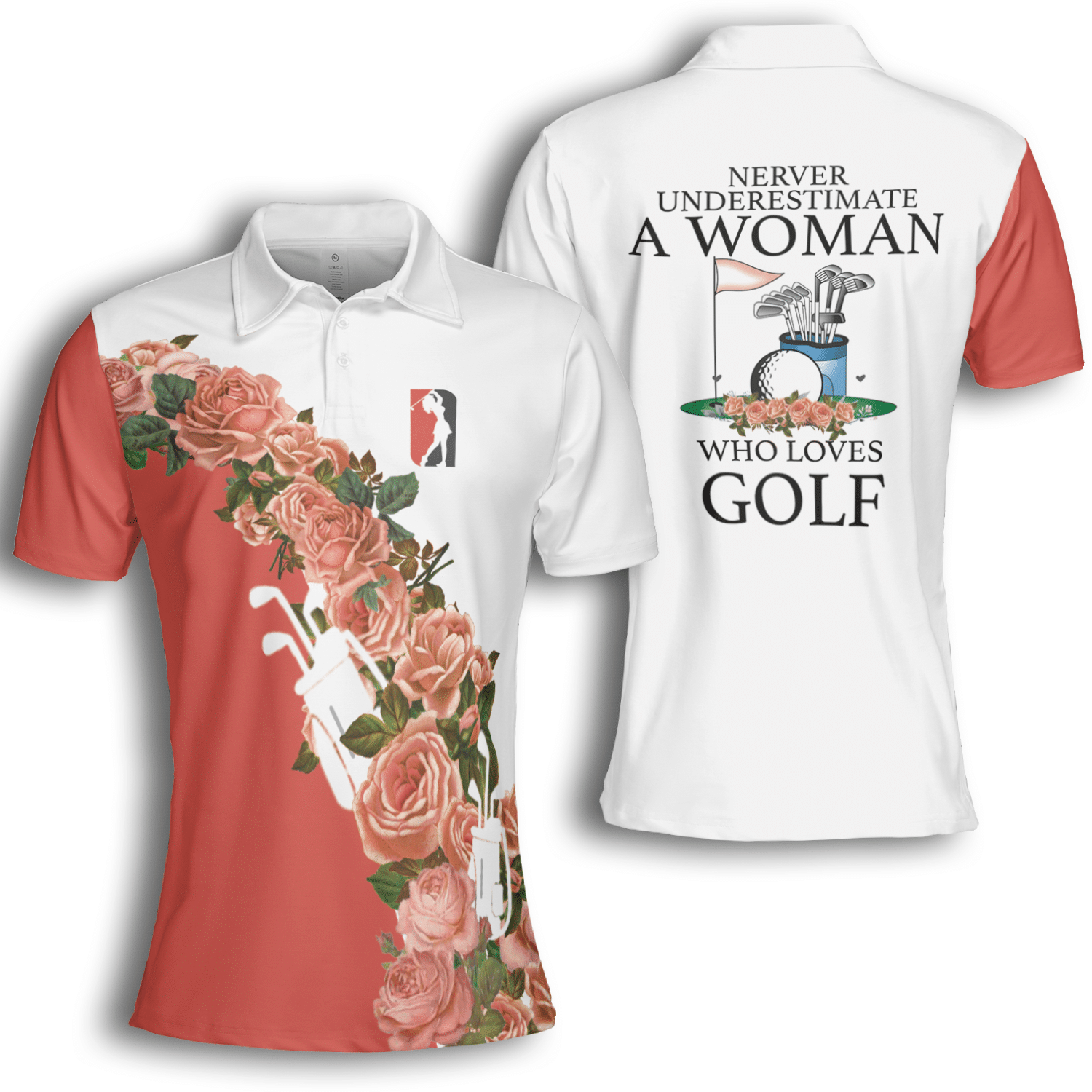 Golf Never Underestimate A Women Pink Flowers Short Sleeve Woman Polo Shirt