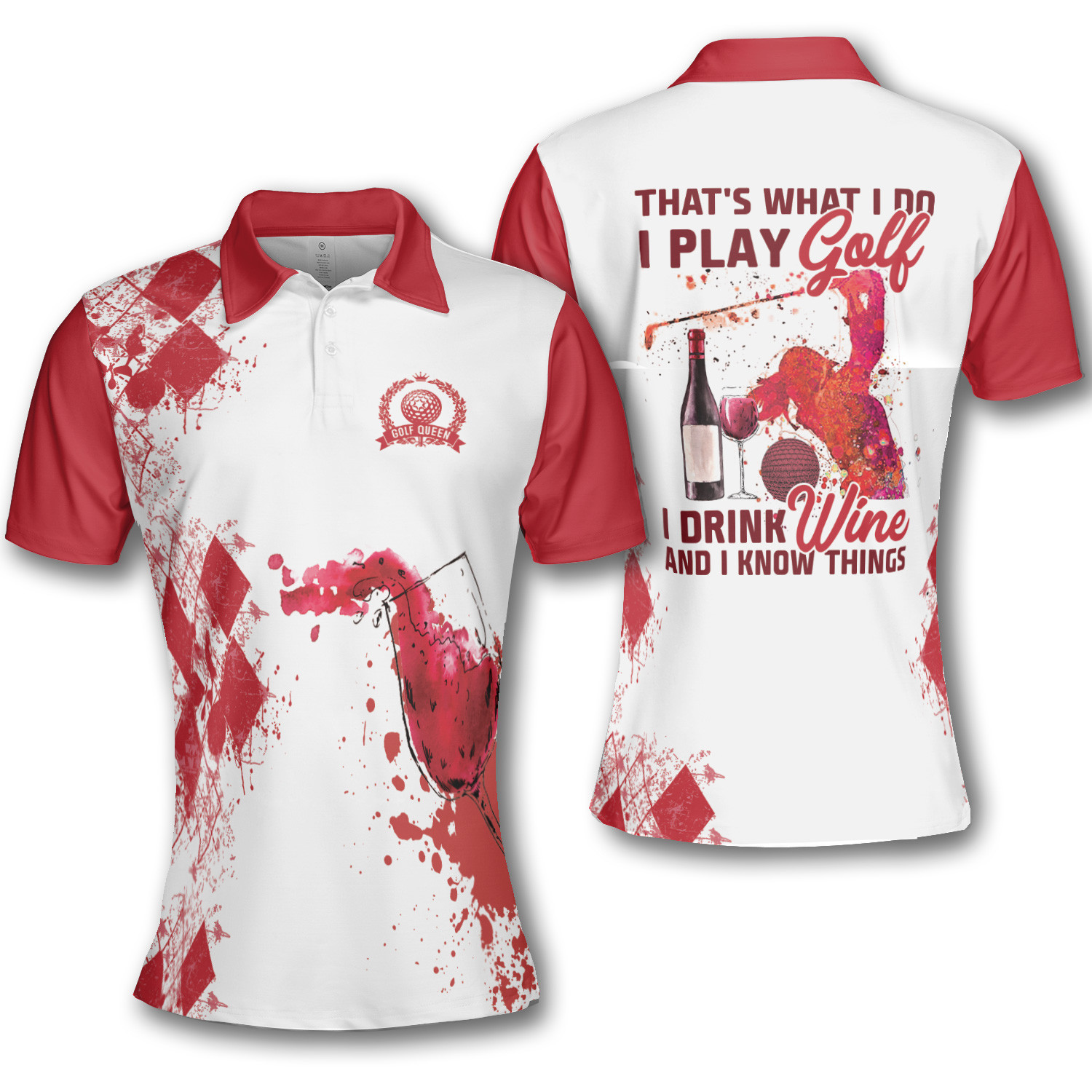 Golf Play Golf Drink Wine Know Things Argyle Burgundy Watercolor Short Sleeve Woman Polo Shirt