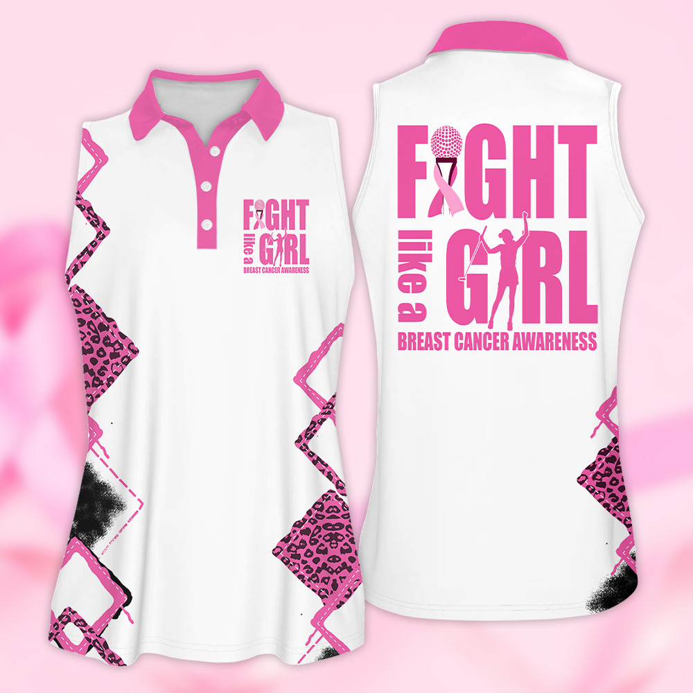 Golf Shirt Women Fight Like A Girl Breast Cancer Awareness Pink Leopard Golf Shirt For Women