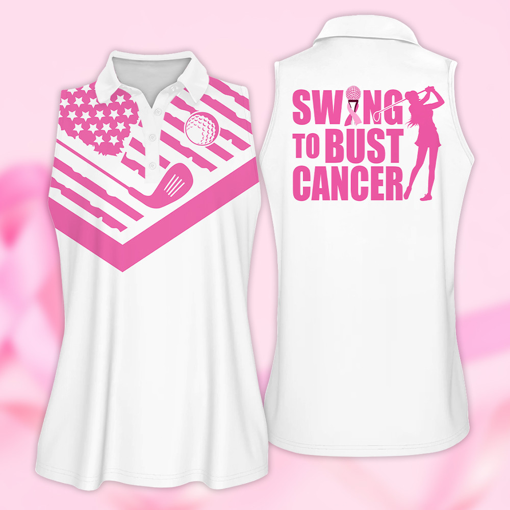 Golf Shirt Women Swing to Bust Cancer Flag Golf Breast Cancer Awareness V2 Pink Golf Shirt For Women