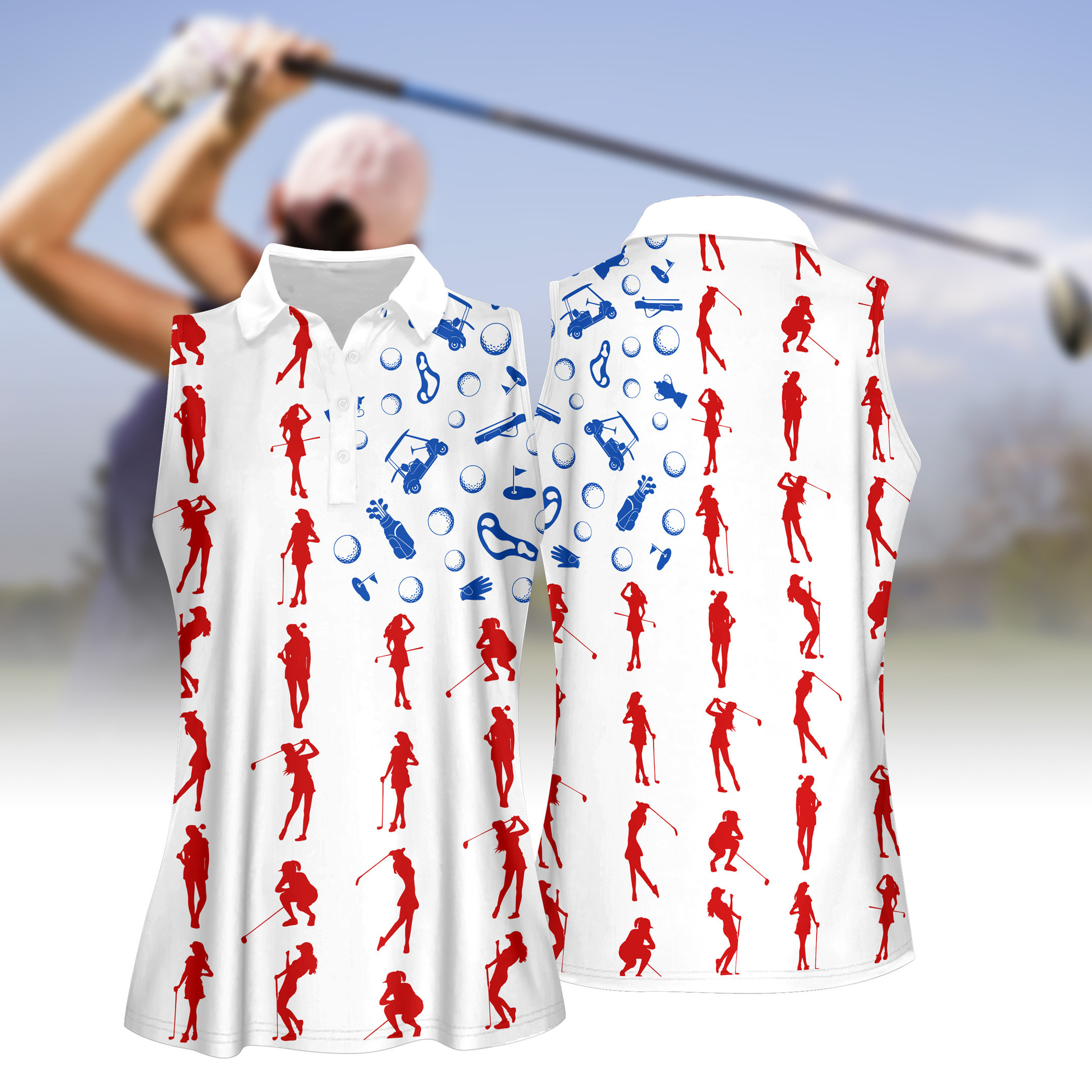 Golf Silhouette American Flag Patriotic 4th Of July Women Short Sleeve Polo Shirt Sleeveless Polo Shirt