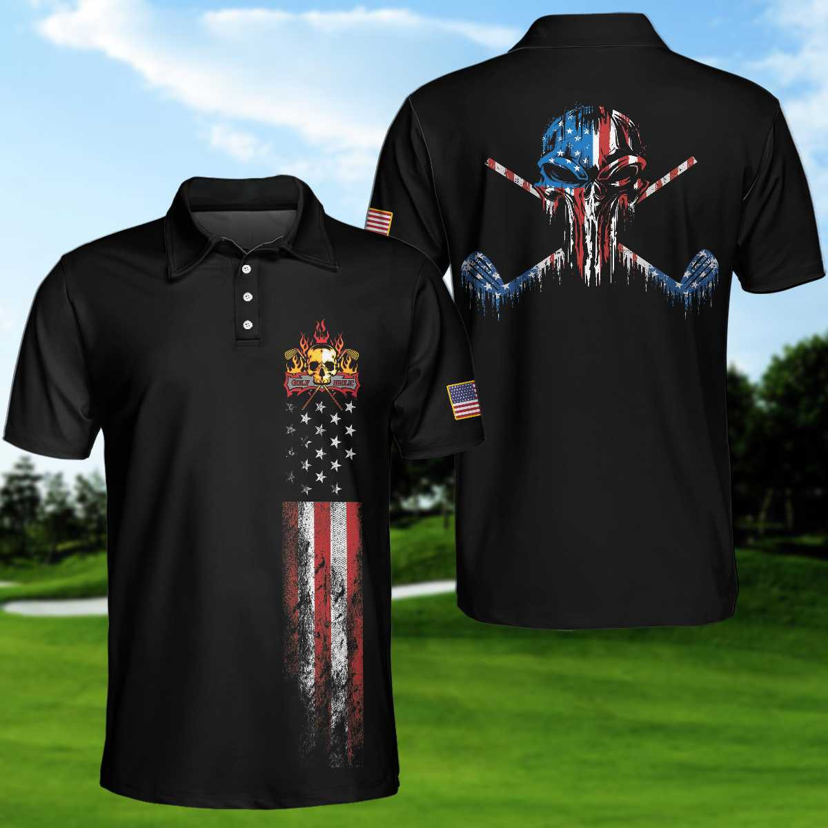 Golf Skull America Flag Short Sleeve Polo Shirt Wet Paint Black Polo Shirt Best Golf Shirt For Men