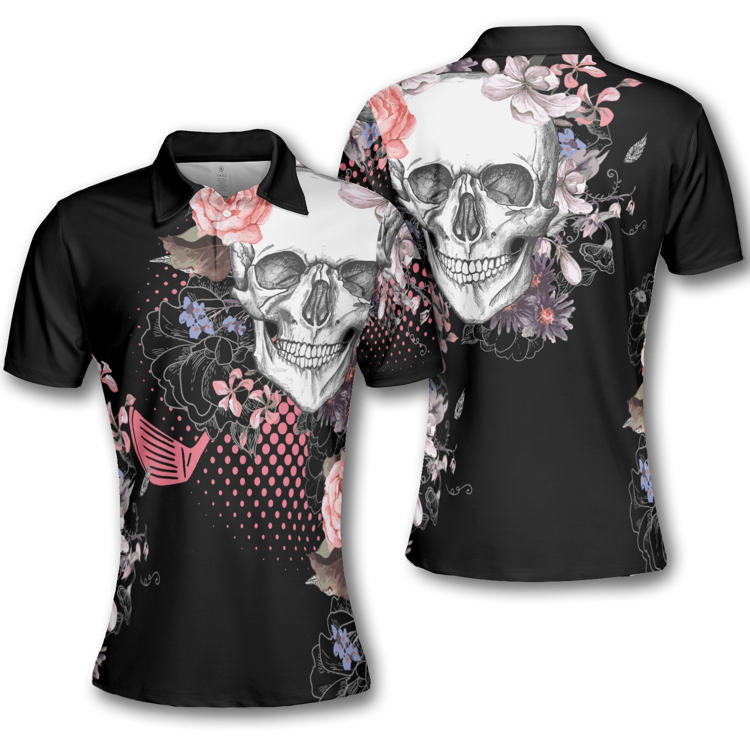 Golf Skull Flower Pink Dot Pattern Short Sleeve Woman Polo Shirt