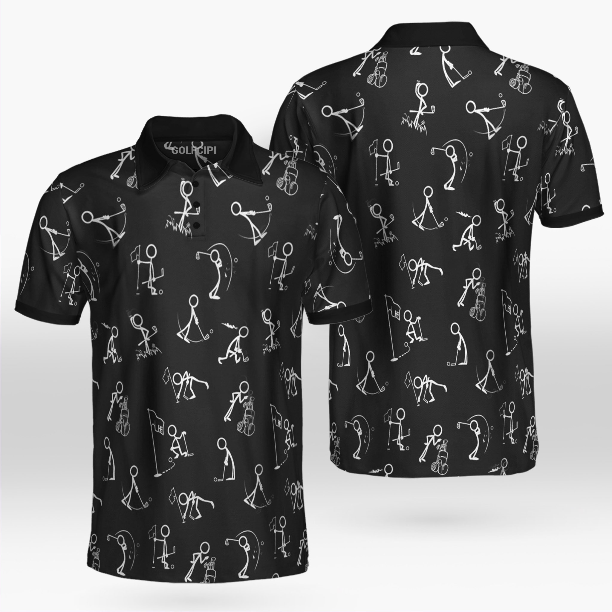 Golf Stick Figures Pattern Black Polo Shirt Best Golf Shirts For Men