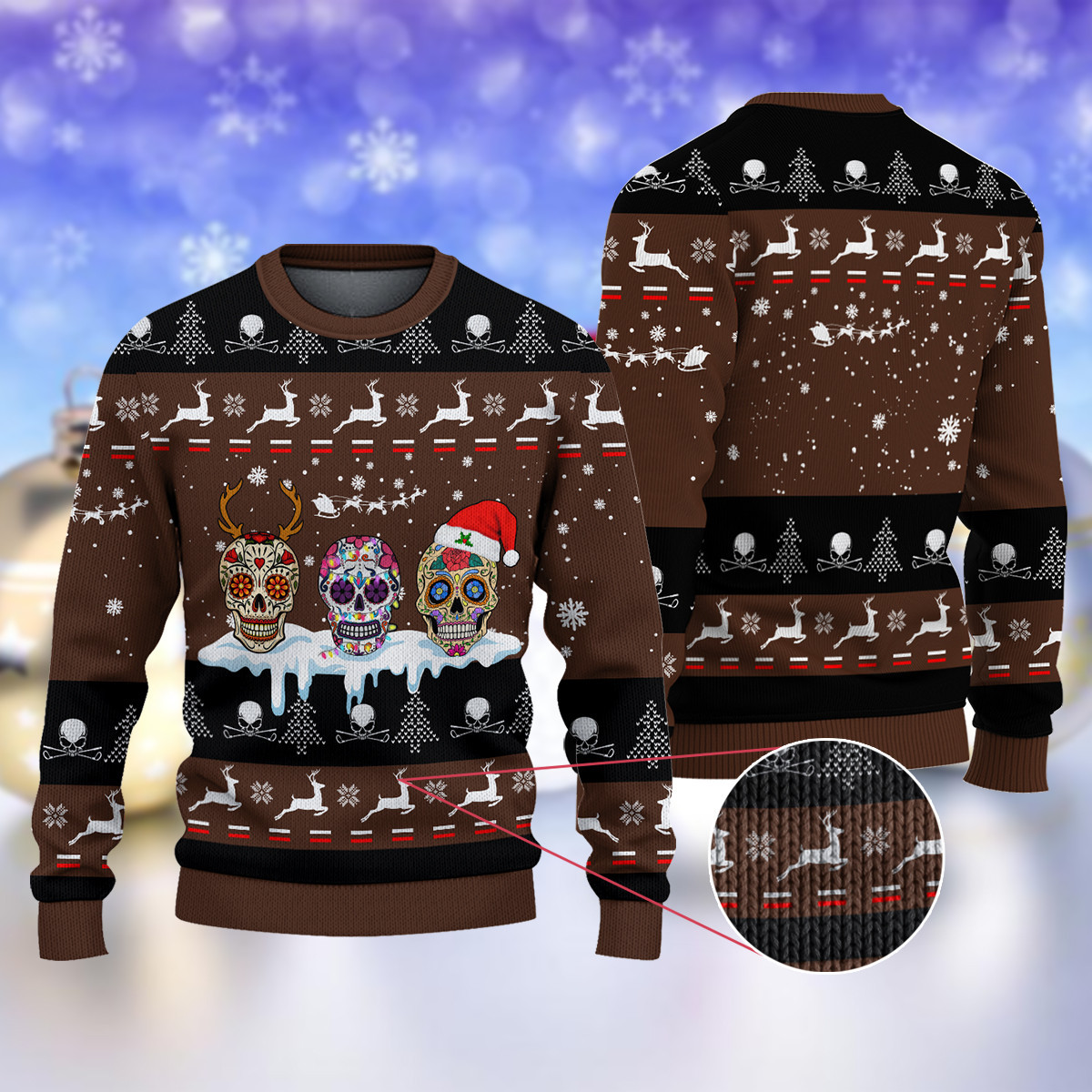 Golf Sugar Skull Ugly Brown Christmas Sweater Ugly Sweater For Men Women Holiday Sweater