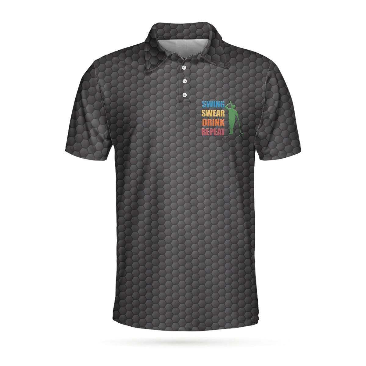 Golf Swing Swear Drink Repeat Polo Shirt Black Golf Ball Pattern Shirt For Male Funny Golf Shirt With Sayings