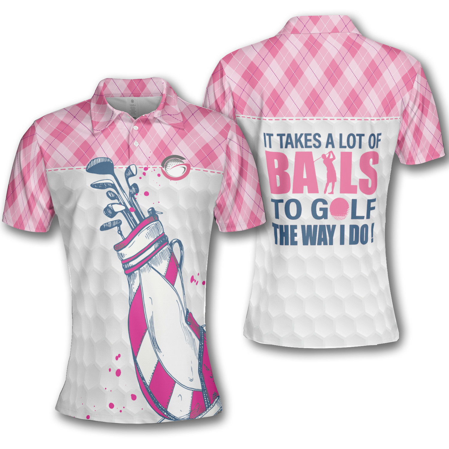 Golf Takes A Lot Of Balls To Golf Pink Argyle Pattern Short Sleeve Woman Polo Shirt