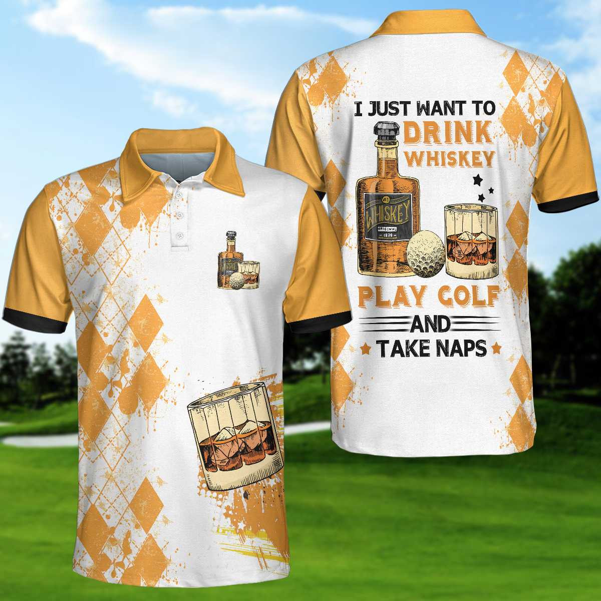 Golf Whisky And Take Naps Short Sleeve Polo Shirt Argyle Pattern Wine Polo Shirt Best Golf Shirt For Men