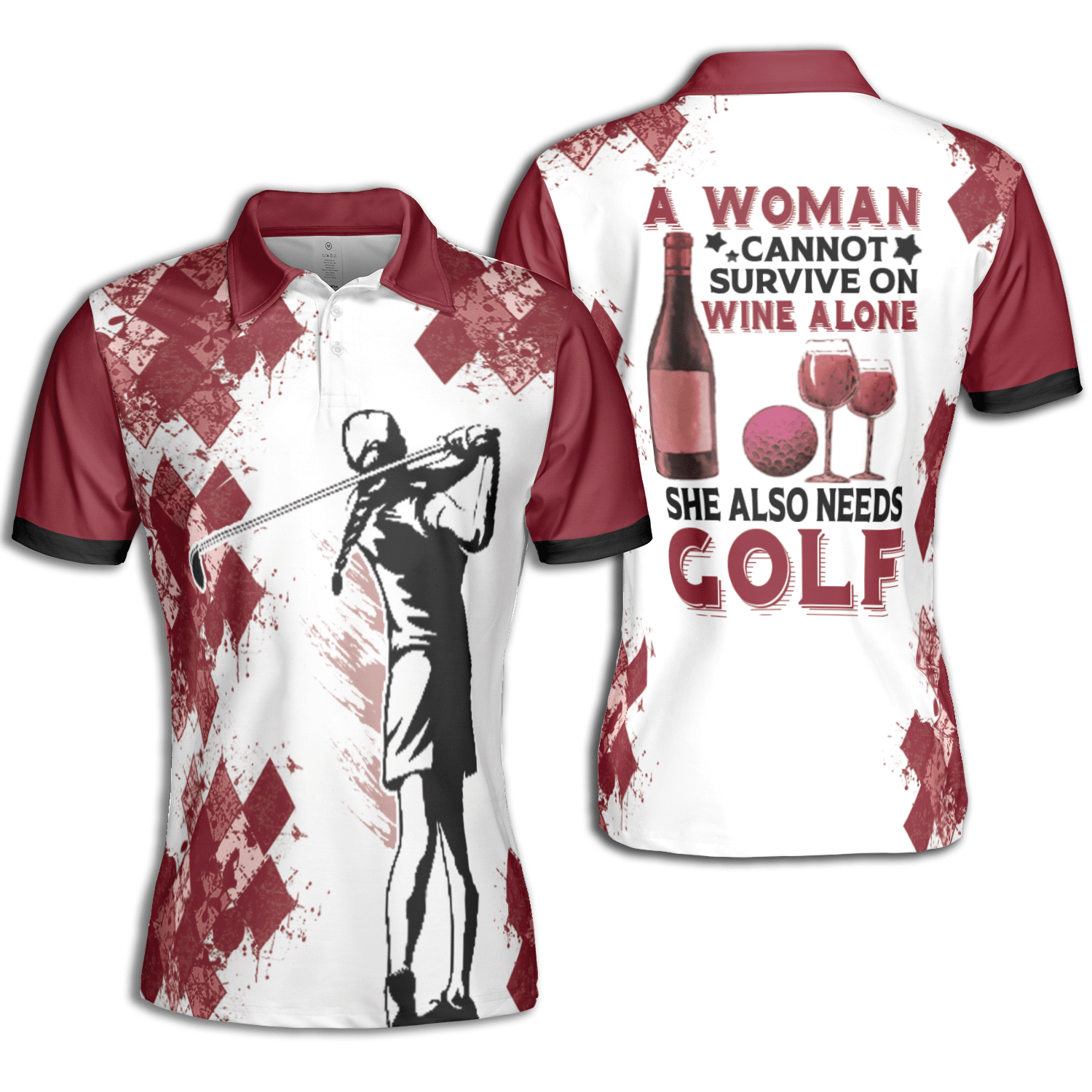 Golf Women A Woman Survive On Golf And Wine Short Sleeve Woman Polo Shirt