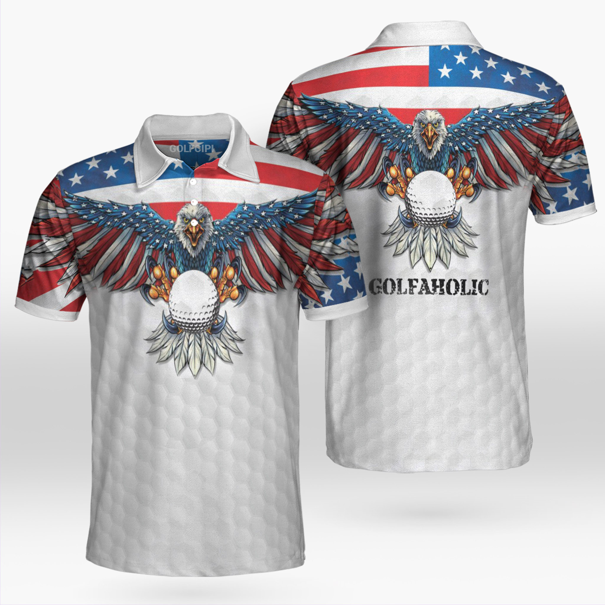 Golfaholic Eagle American Flag Golf Shirt Golf Shirts Short Sleeve Polo For Men