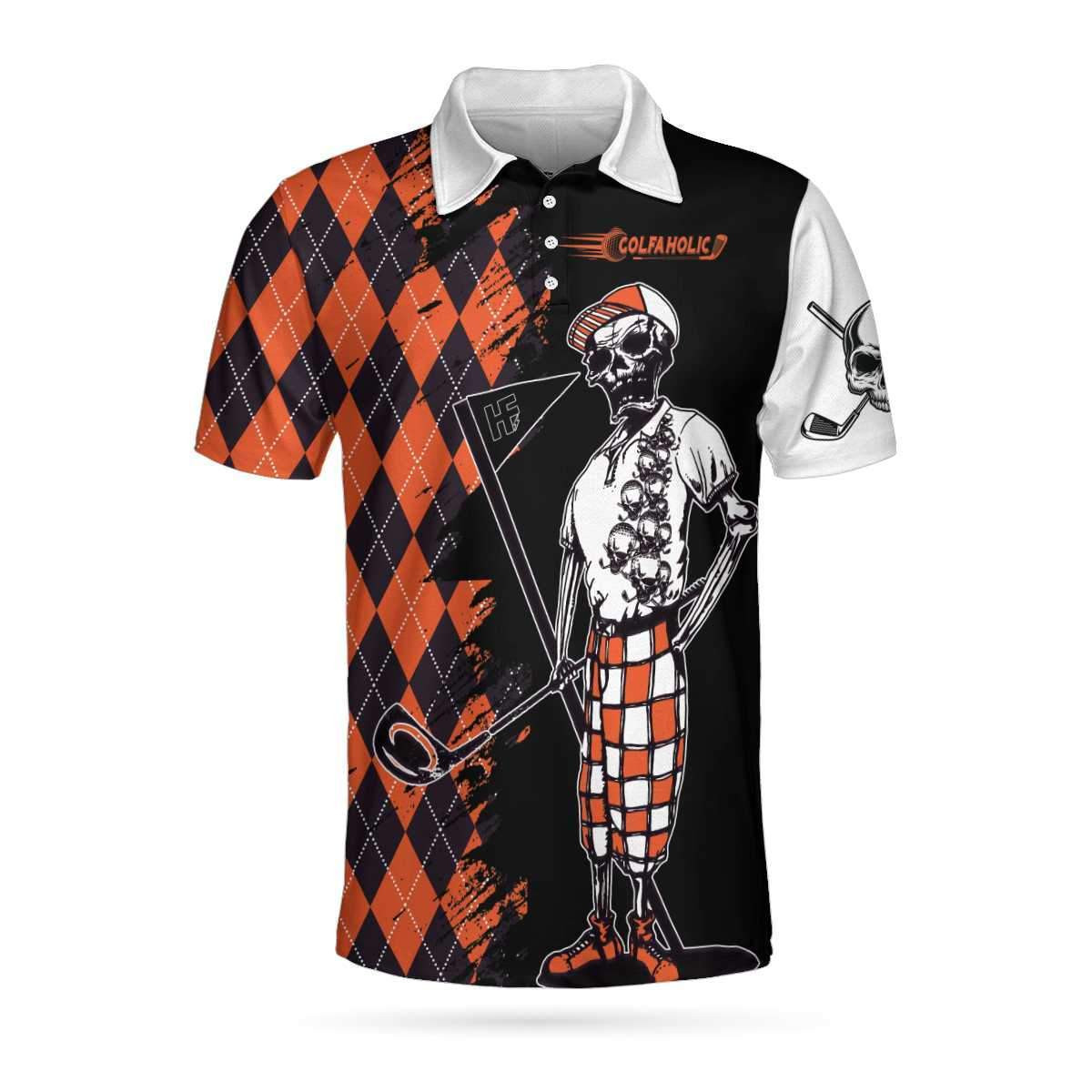 Golfaholic Skull With Argyle Pattern Short Sleeve Polo Shirt Skeleton Golfer Polo Shirt Best Golf Shirts Short Sleeve Polo For Men