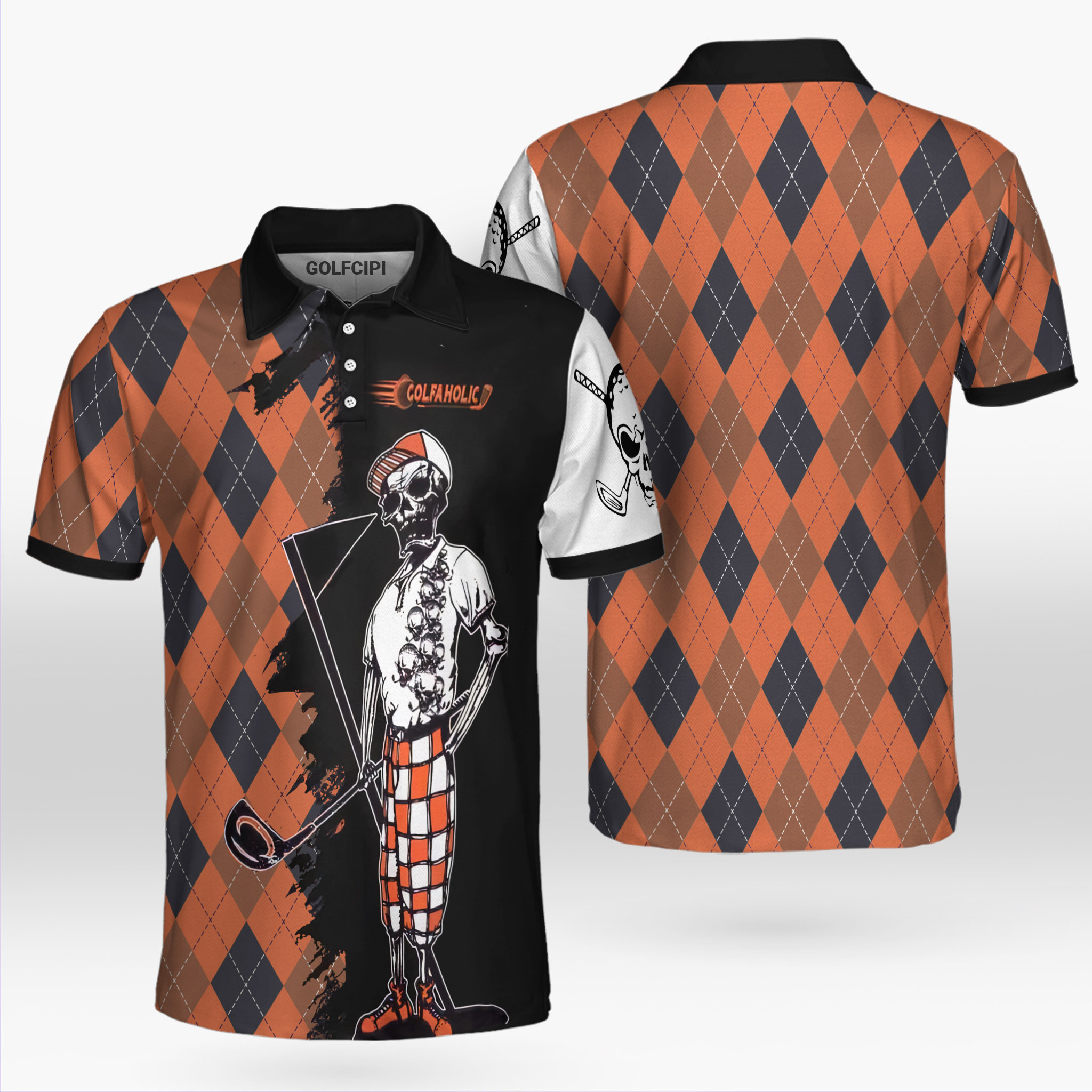 Golfaholic Skull With Argyle Patterned Golf Shirt Golf Shirts Short Sleeve Polo For Men