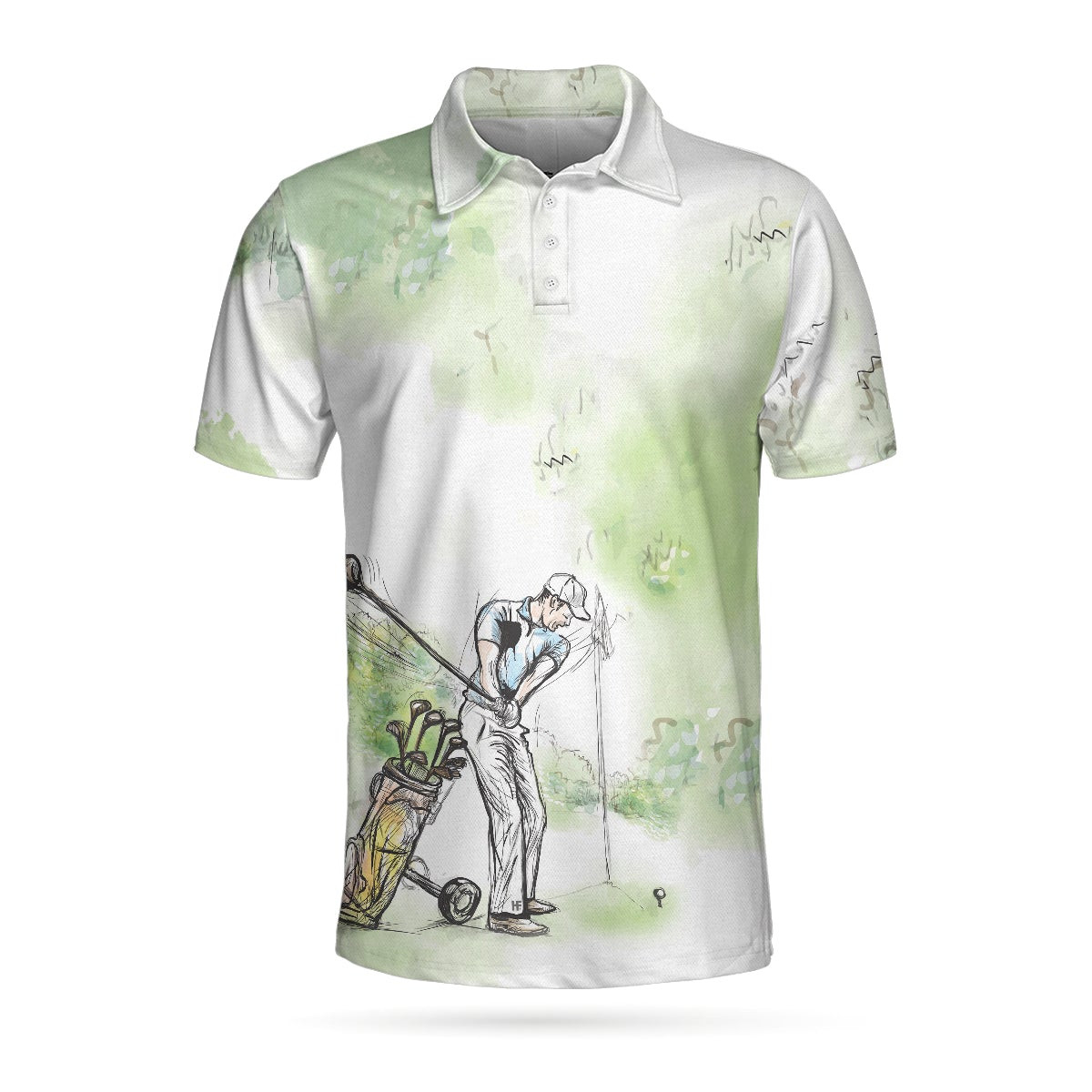 Golfer Painting Short Sleeve Polo Shirt Green Tree Pattern Golfer Sketching Polo Shirt Best Golf Shirt For Men