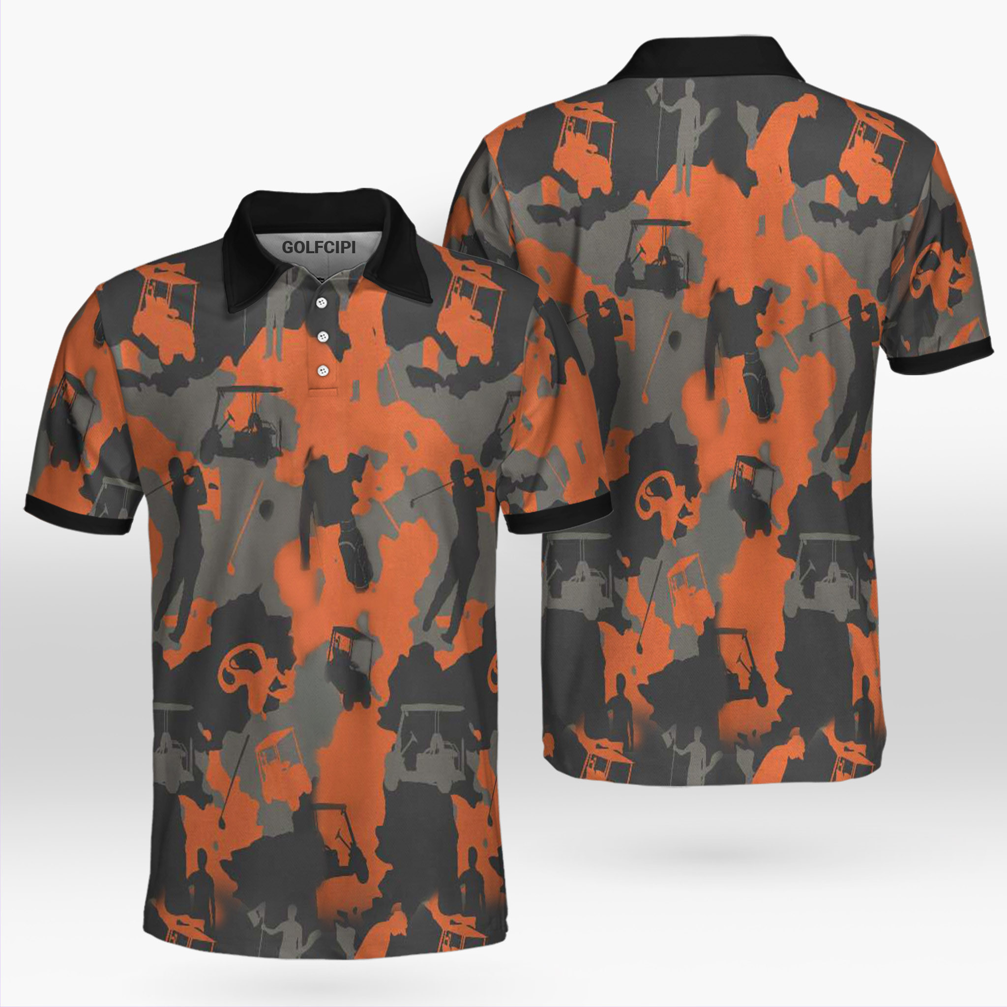 Golfers Silhouette Orange Camo Golf Shirt Golf Shirts Short Sleeve Polo For Men