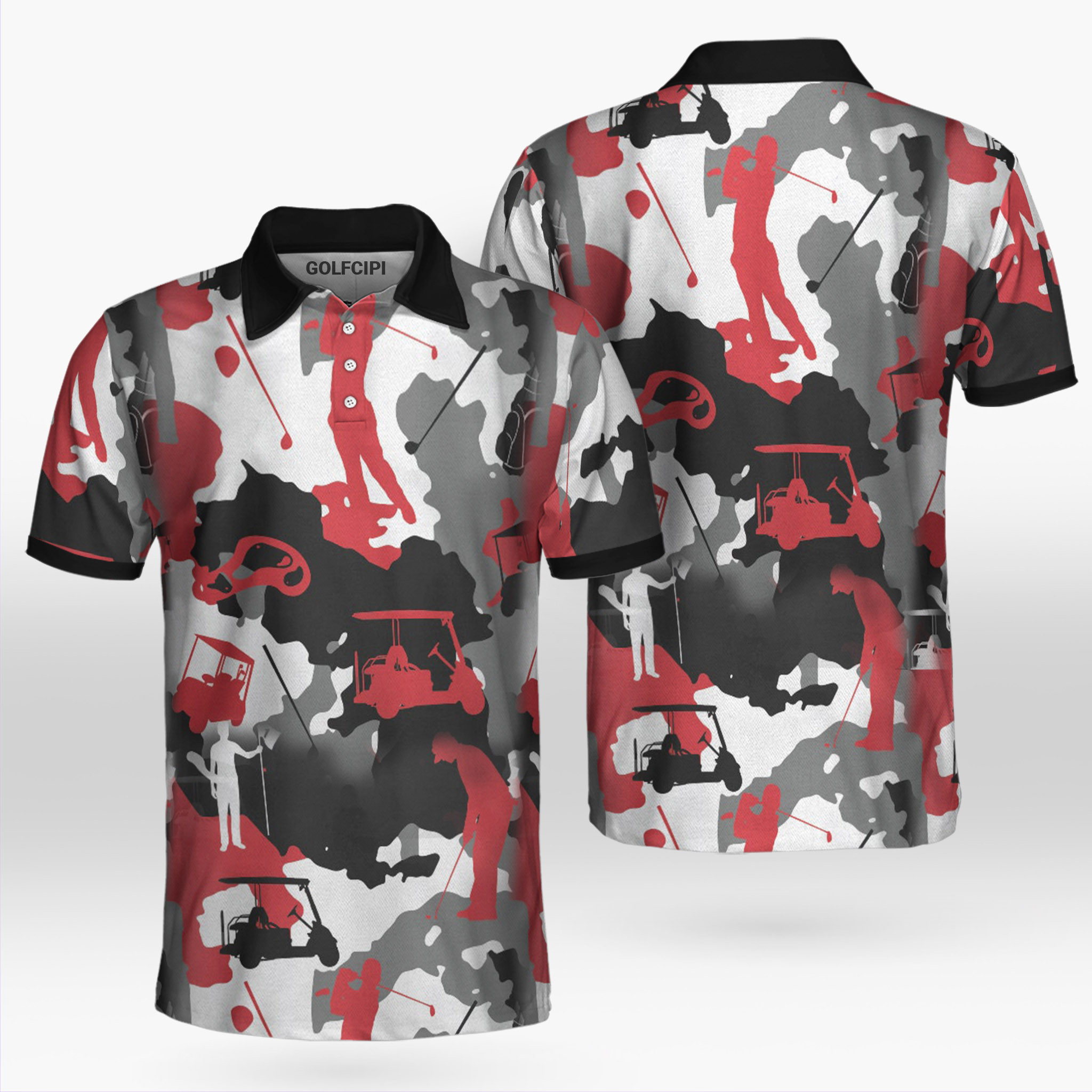 Golfers Silhouette Red White Camo Golf Shirt Golf Shirts Short Sleeve Polo For Men