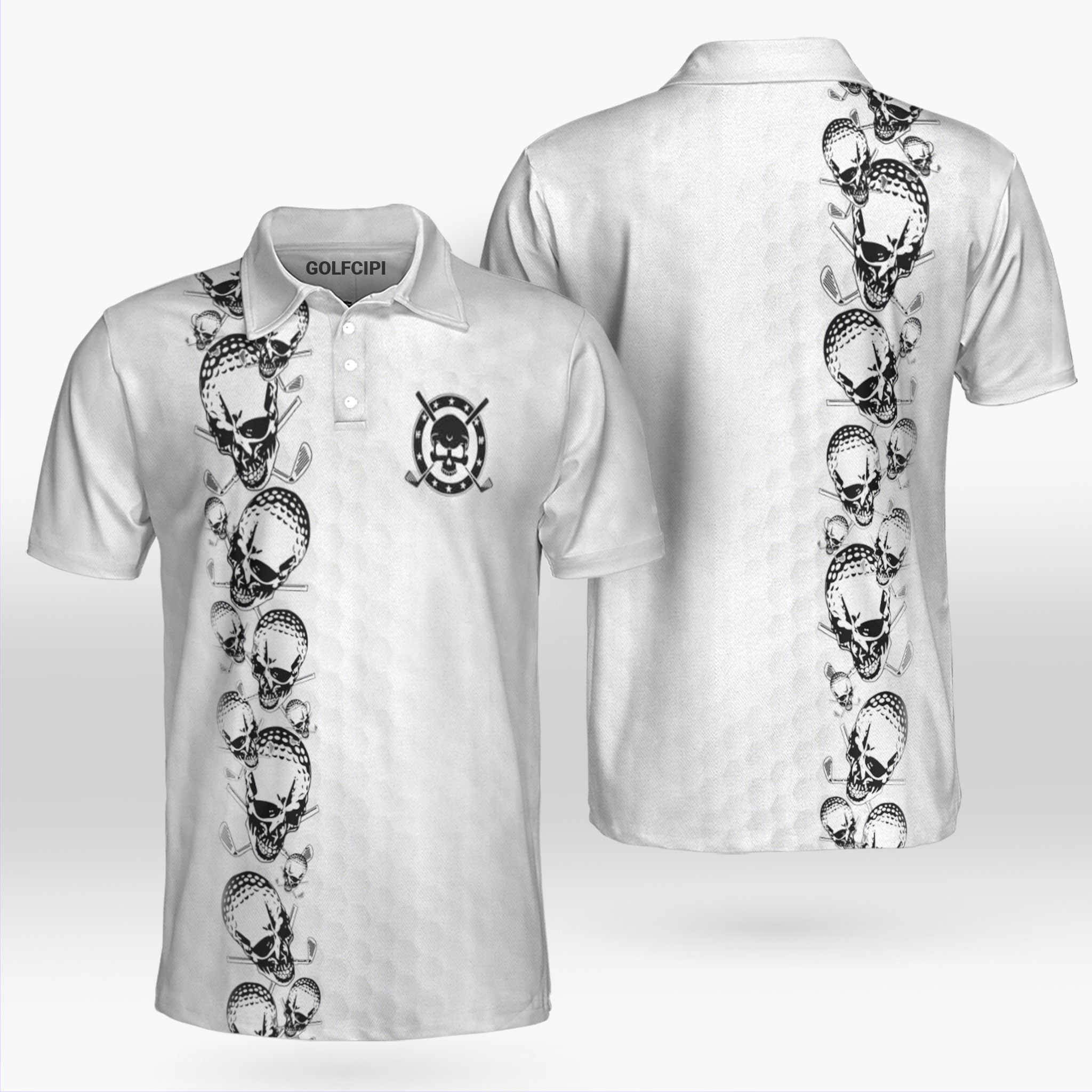 Golfing Skull Golf Ball And Clubs White Polo Shirt Best Golf Shirts For Men