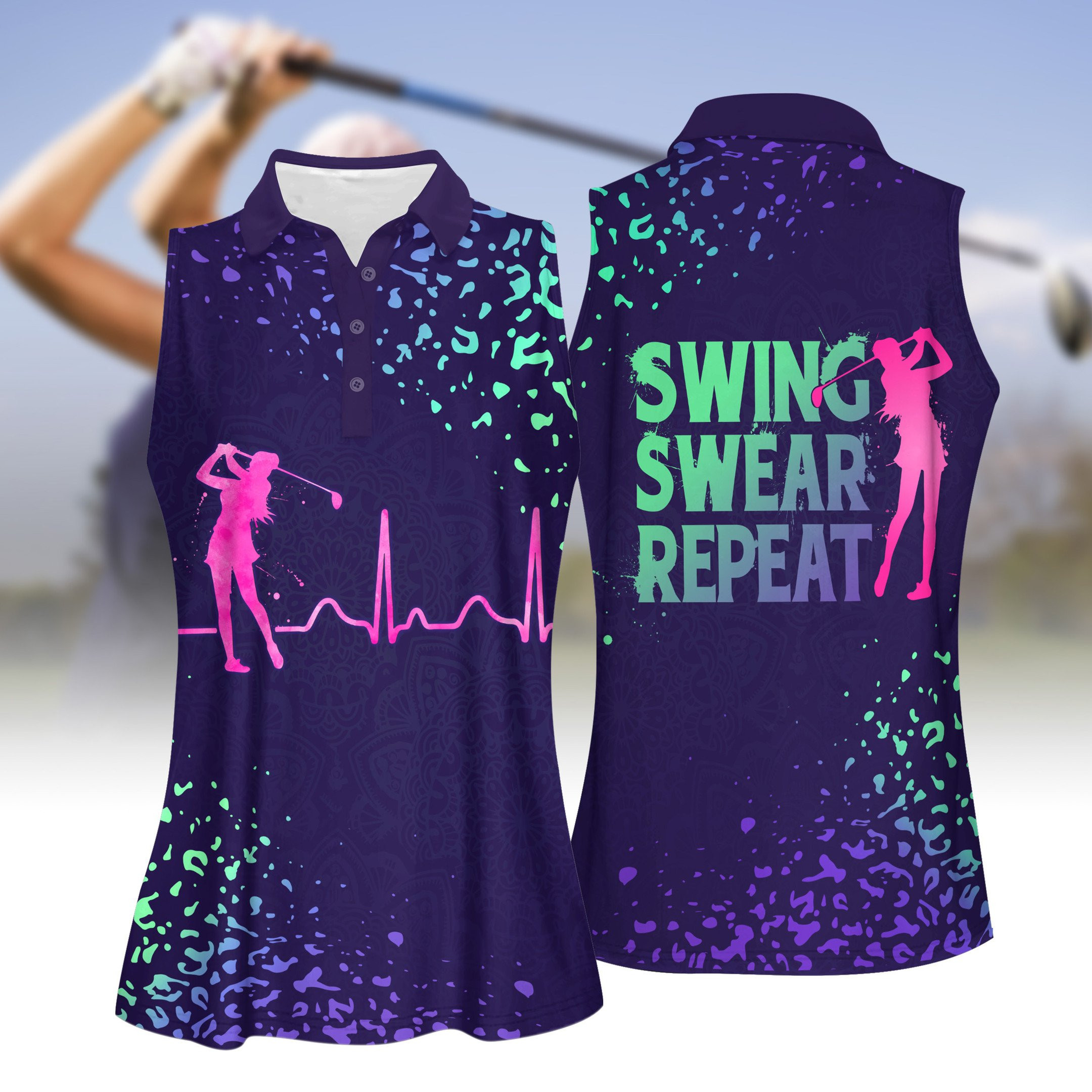 Gradient Leopard Swing Swear Repeat Golf Clubs Women Polo Shirt