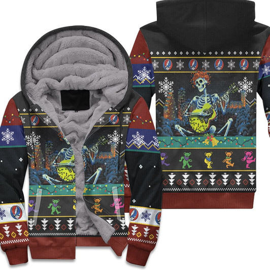 Grateful Dead Christmas Bears Guitar Playing Skull Christmas Kniting Pattern 3D Fleece Hoodie