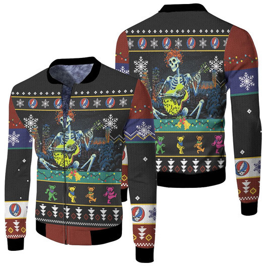 Grateful Dead Christmas Bears Guitar Playing Skull Christmas Kniting Pattern Fleece Bomber Jacket