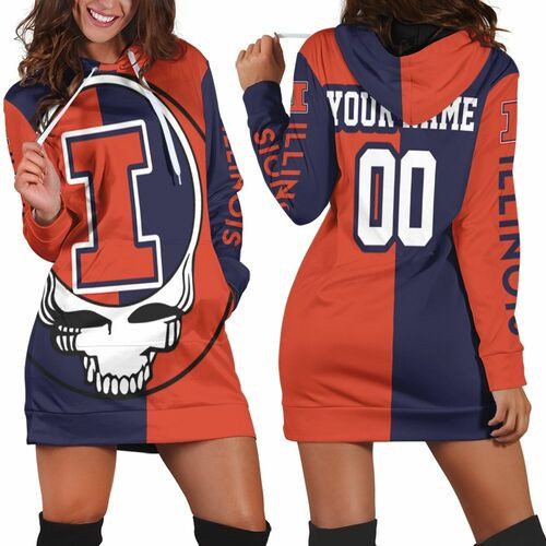 Grateful Dead Skull Illinois Fighting Illini 3d Hoodie Dress Sweater Dress Sweatshirt Dress