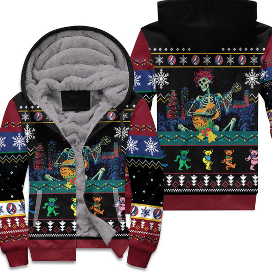 Grateful Dead Skull Skeleton Play Guitar Ugly Christmas 3D Fleece Hoodie