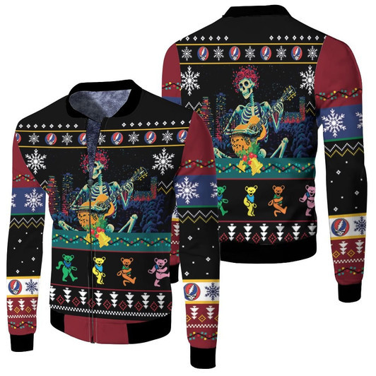 Grateful Dead Skull Skeleton Play Guitar Ugly Christmas Fleece Bomber Jacket